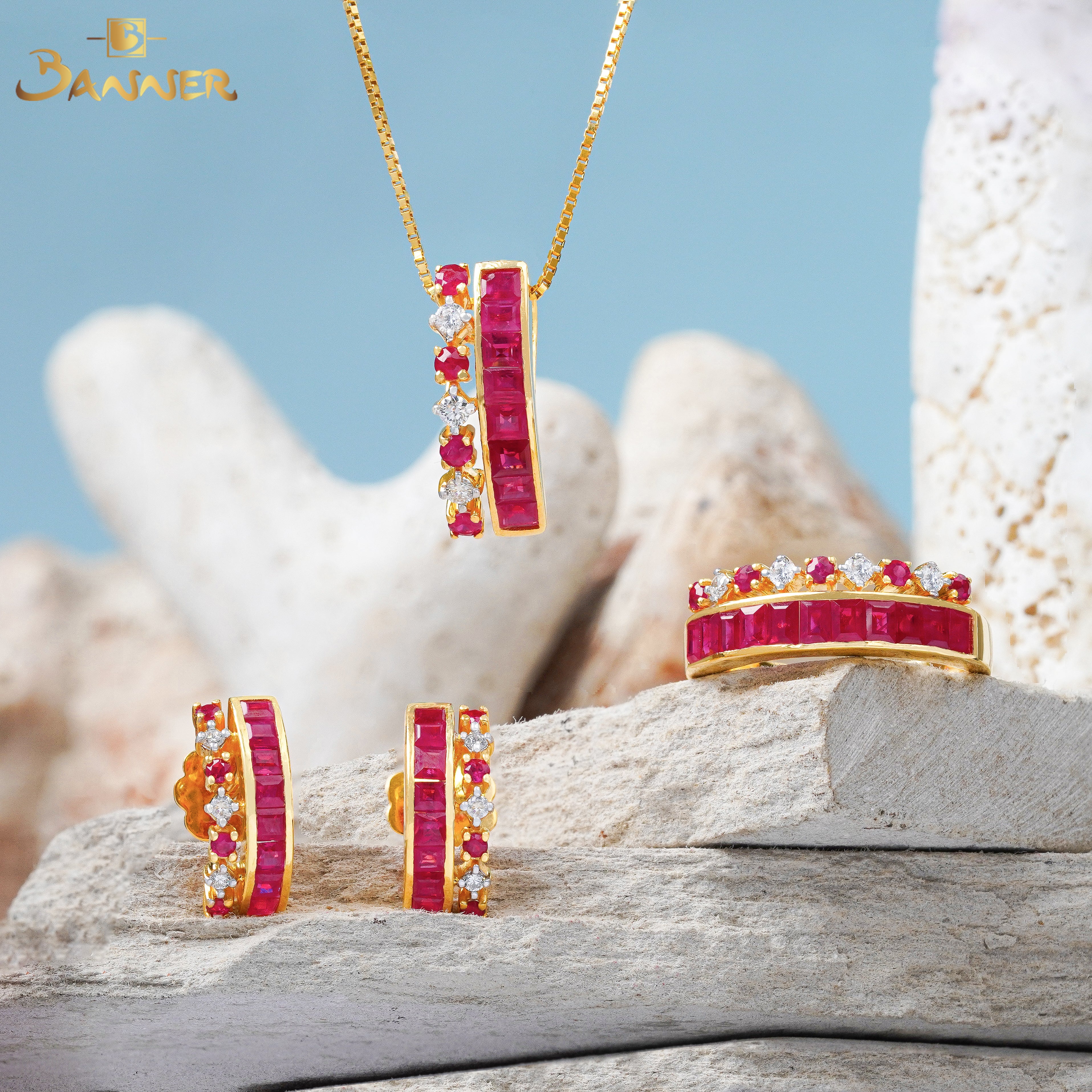 Emerald-cut Ruby and Diamond Crown Set