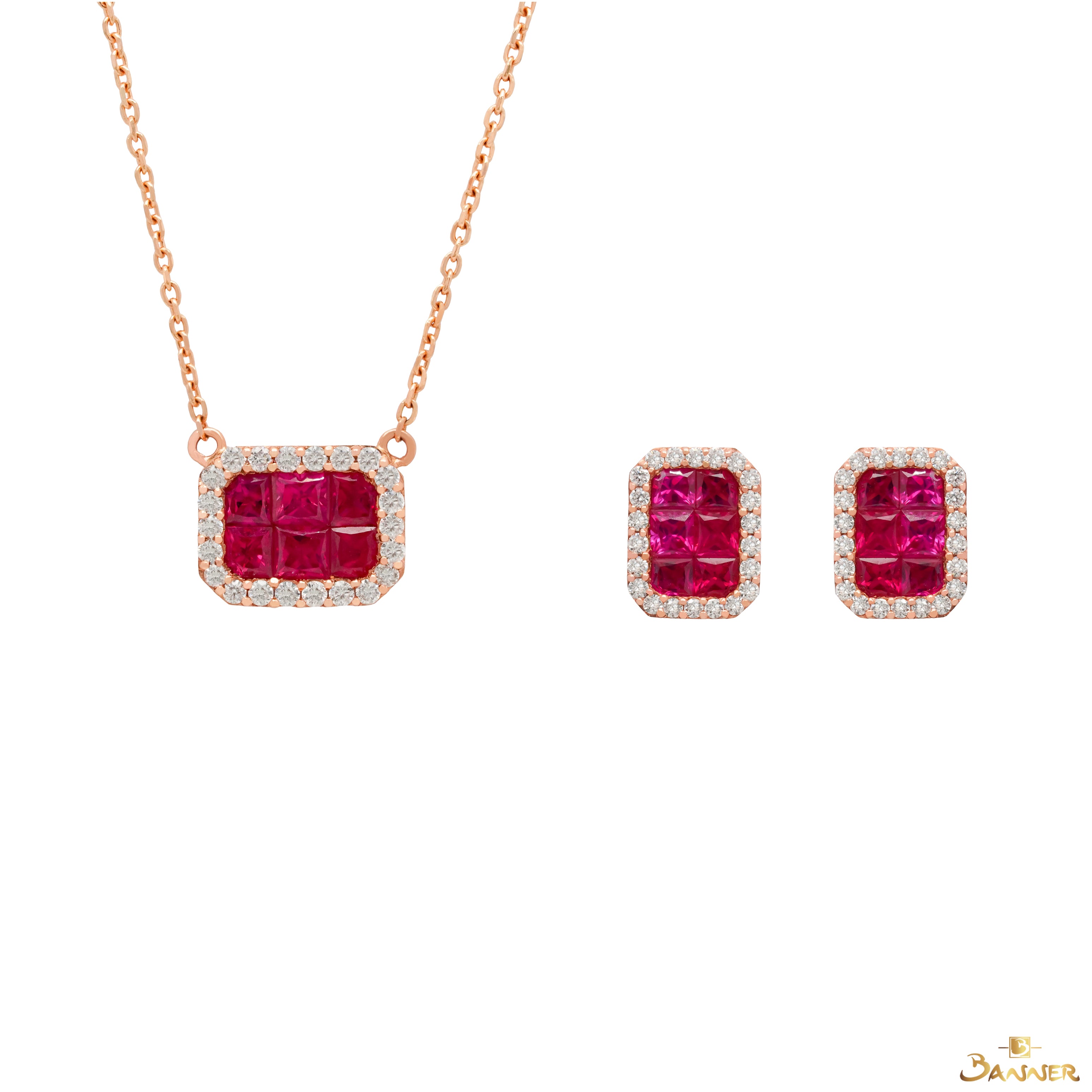 Ruby and Diamond Emerald-cut Halo Set