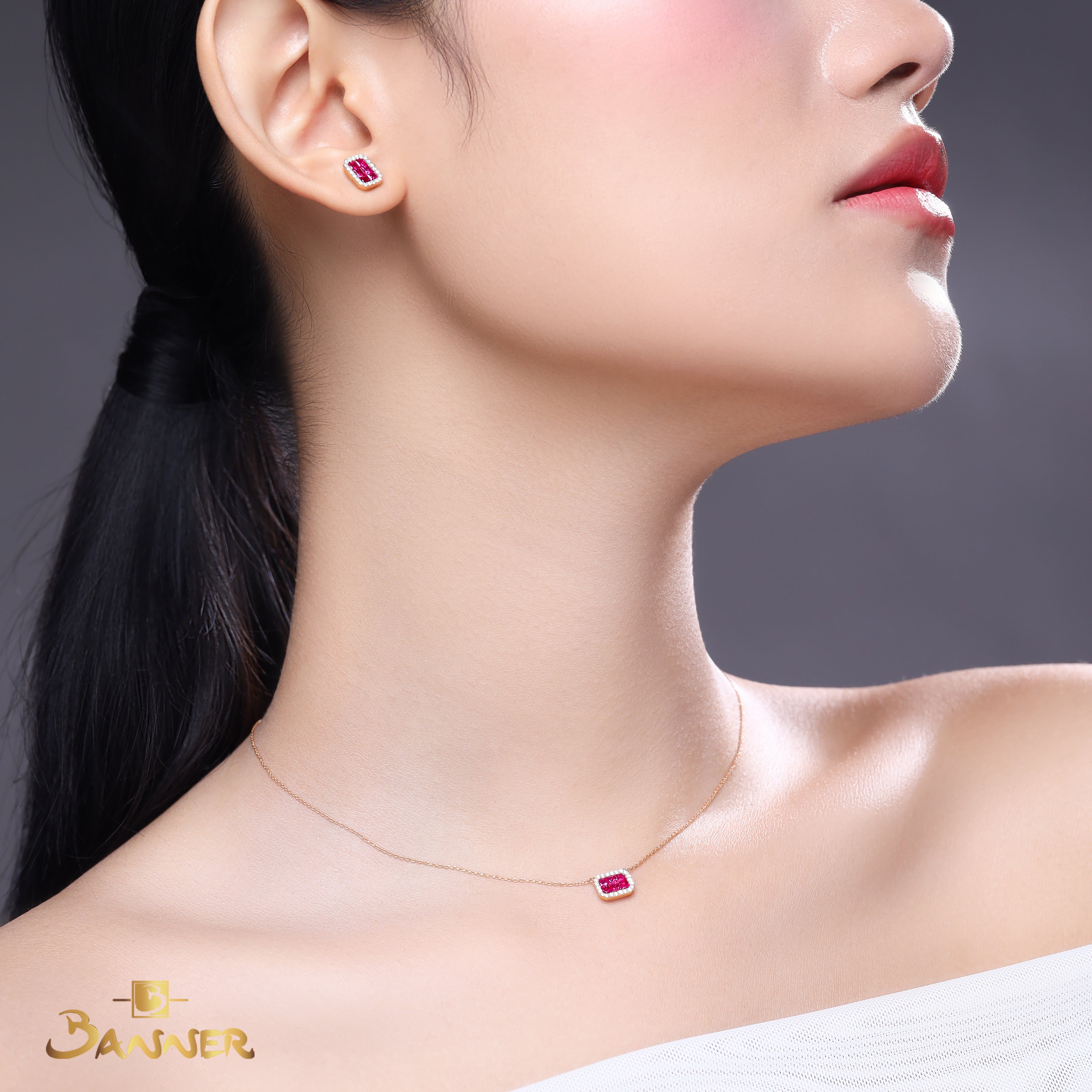 Ruby and Diamond Emerald-cut Halo Set