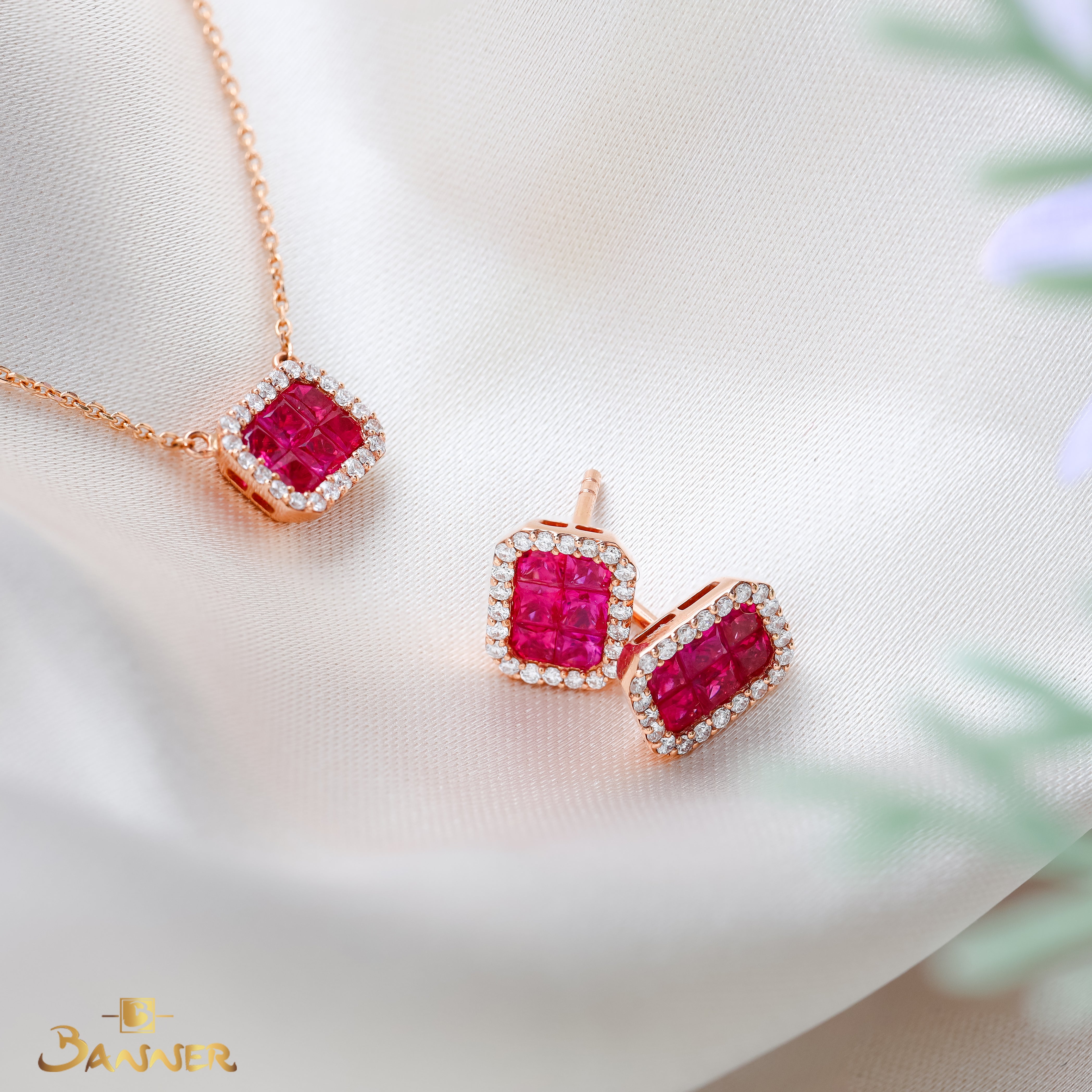 Ruby and Diamond Emerald-cut Halo Set