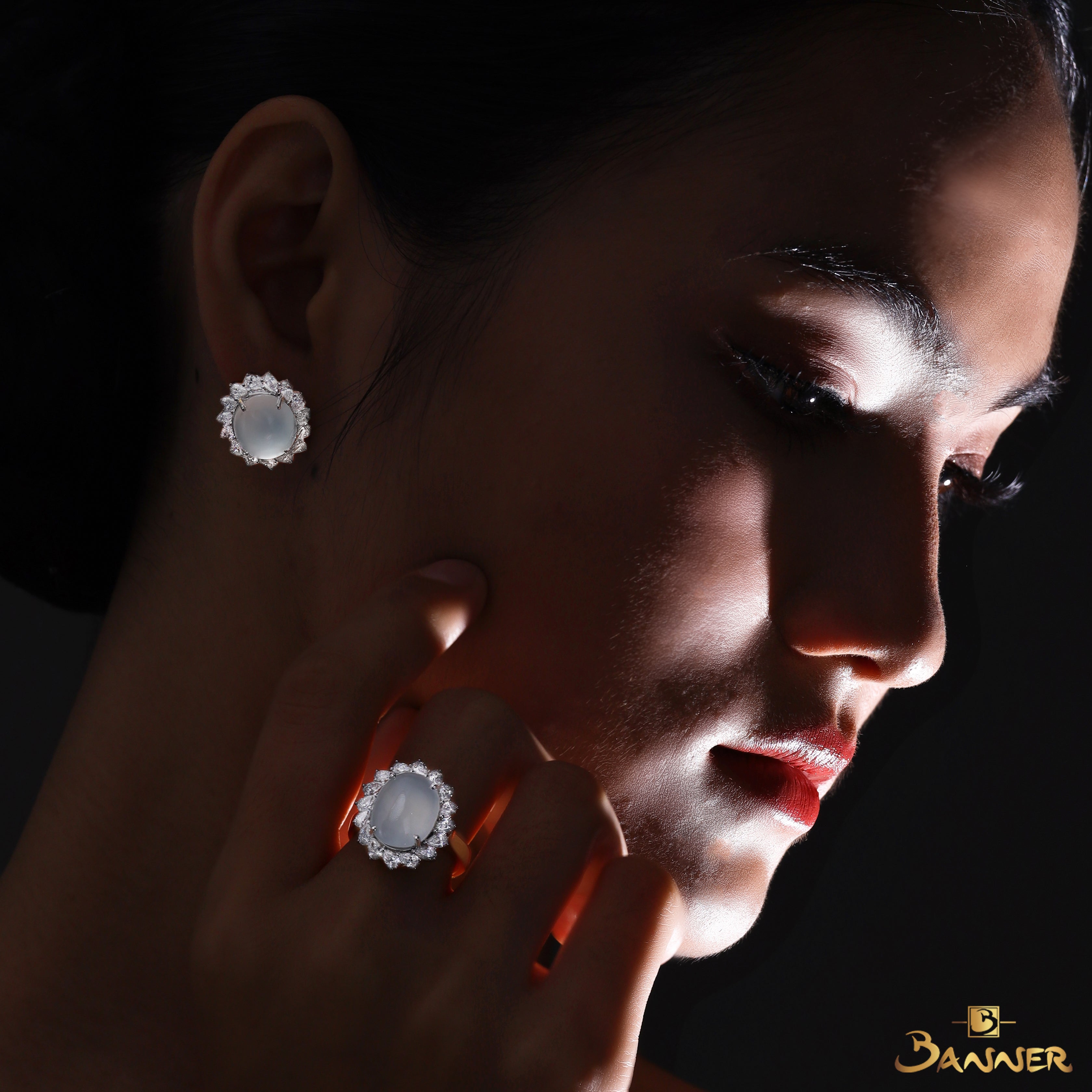 White Jade and Diamond Halo Set
