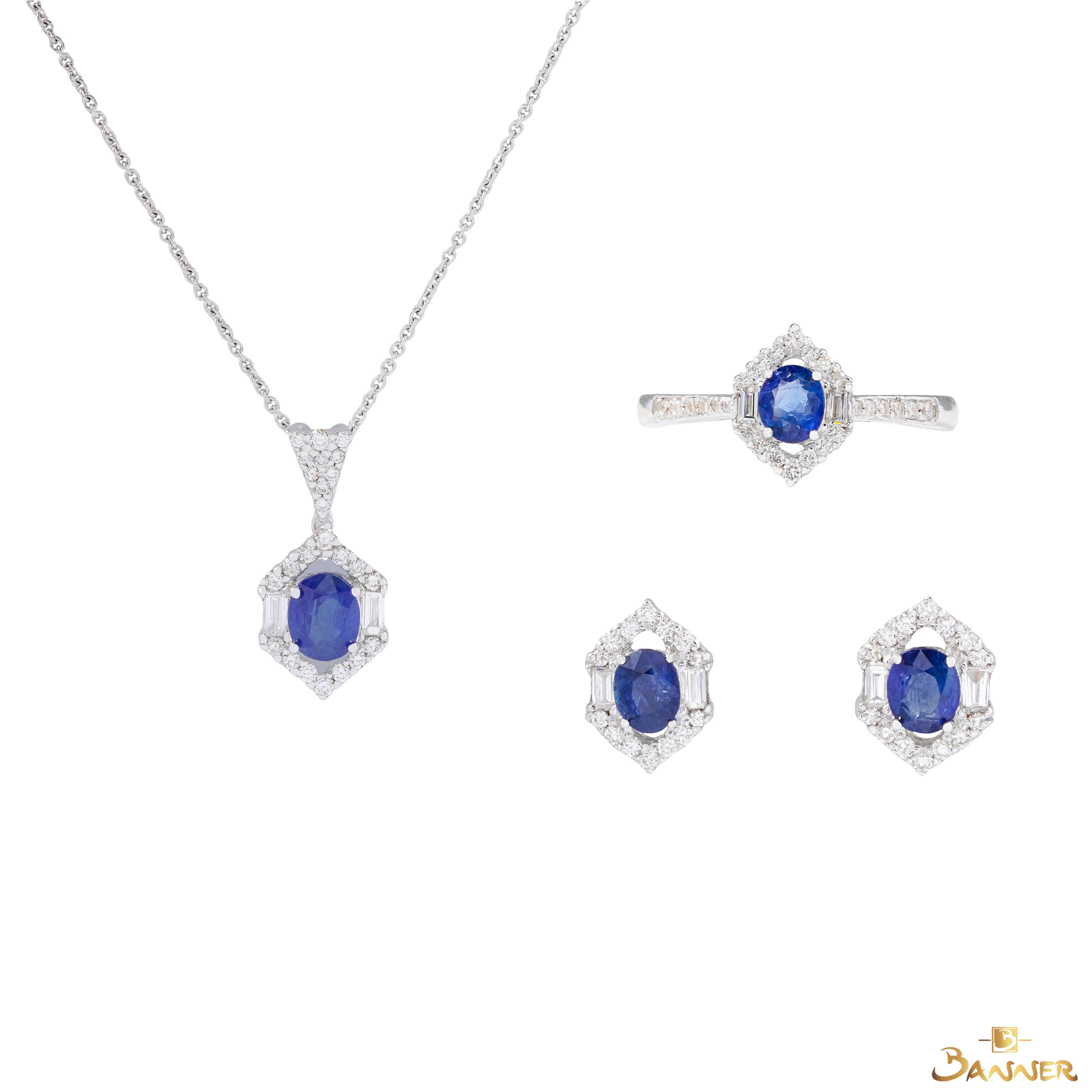 Sapphire and Baguette Diamond Luna Halo Set
