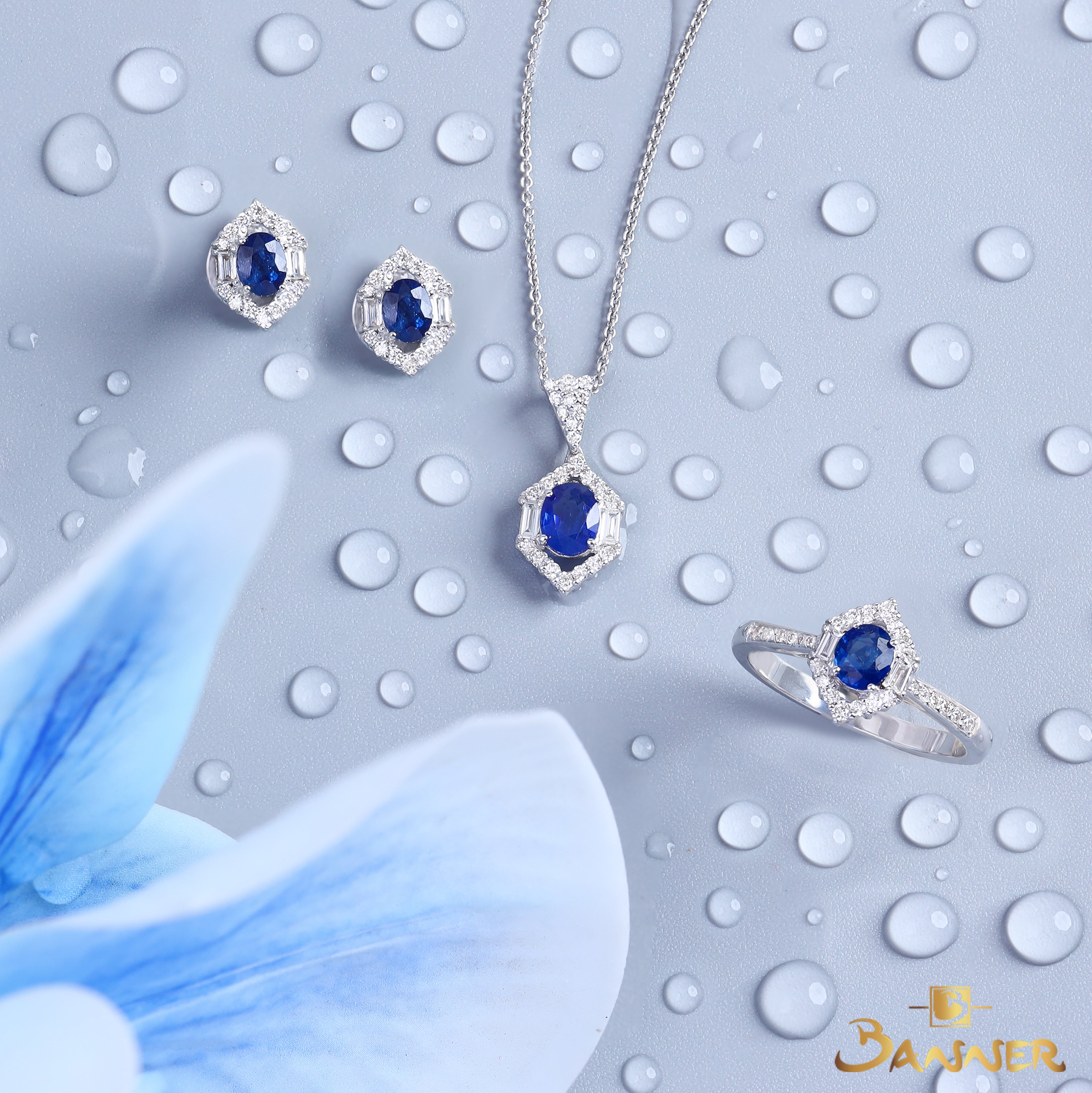 Sapphire and Baguette Diamond Luna Halo Set