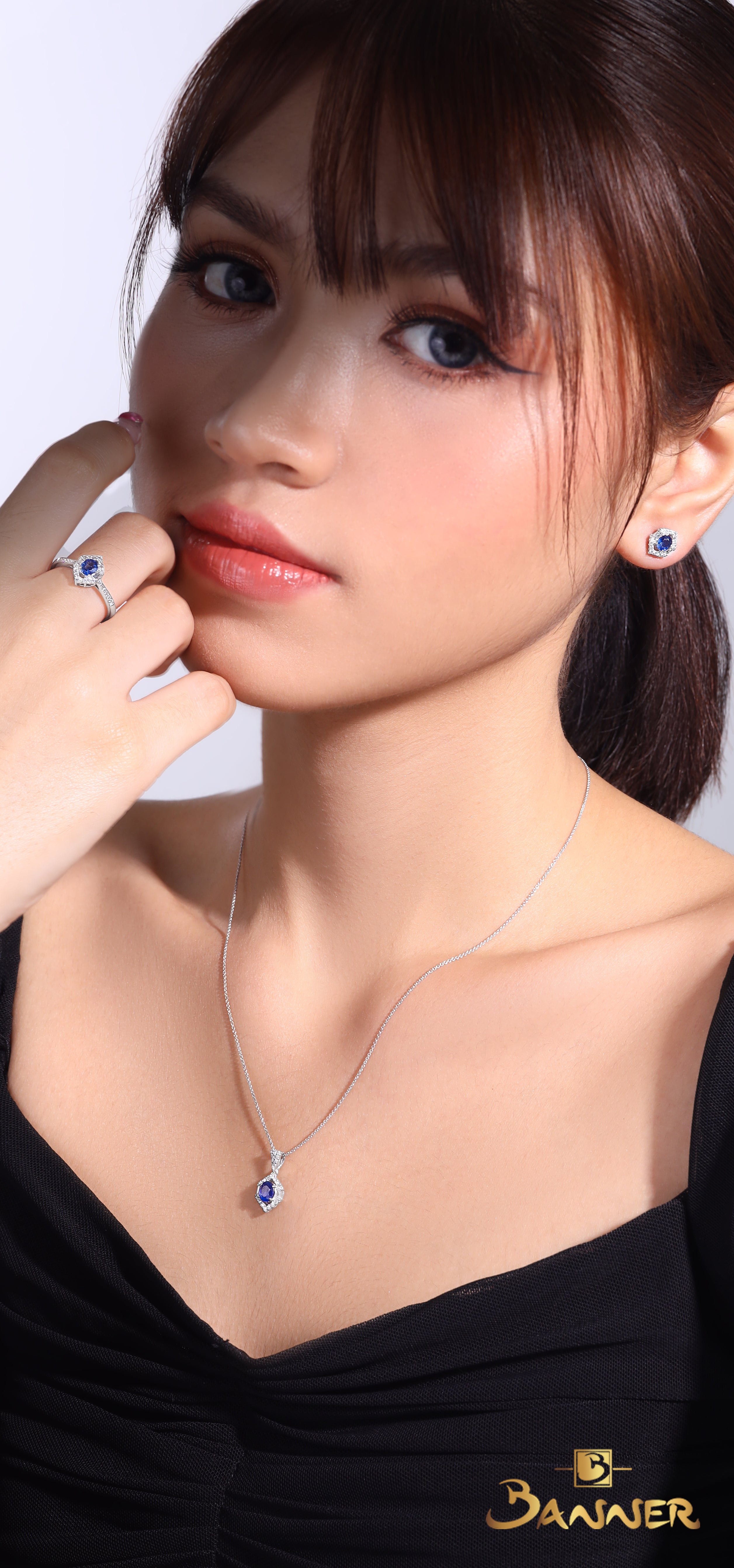 Sapphire and Baguette Diamond Luna Halo Set