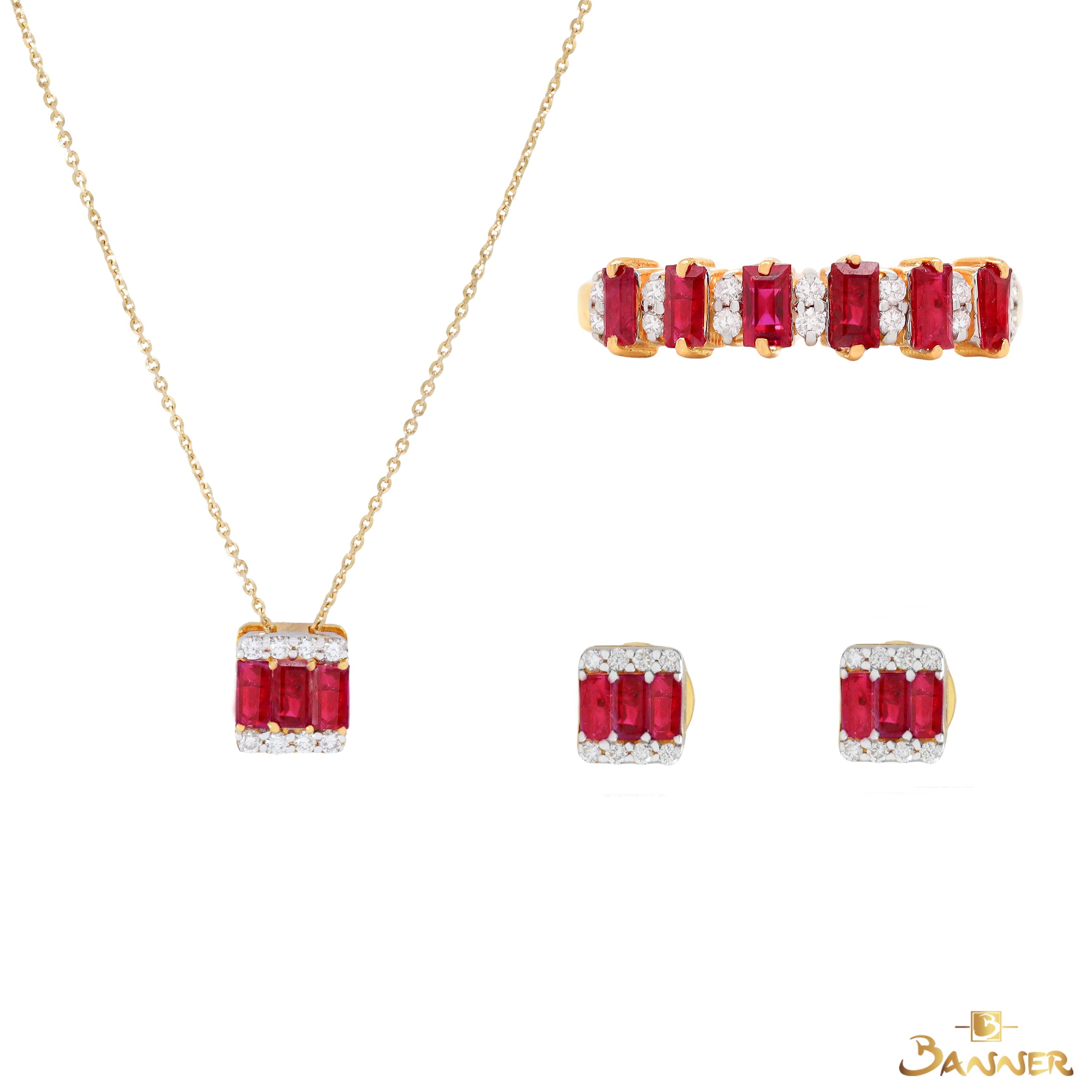Ruby Emerald-cut and Diamond Set