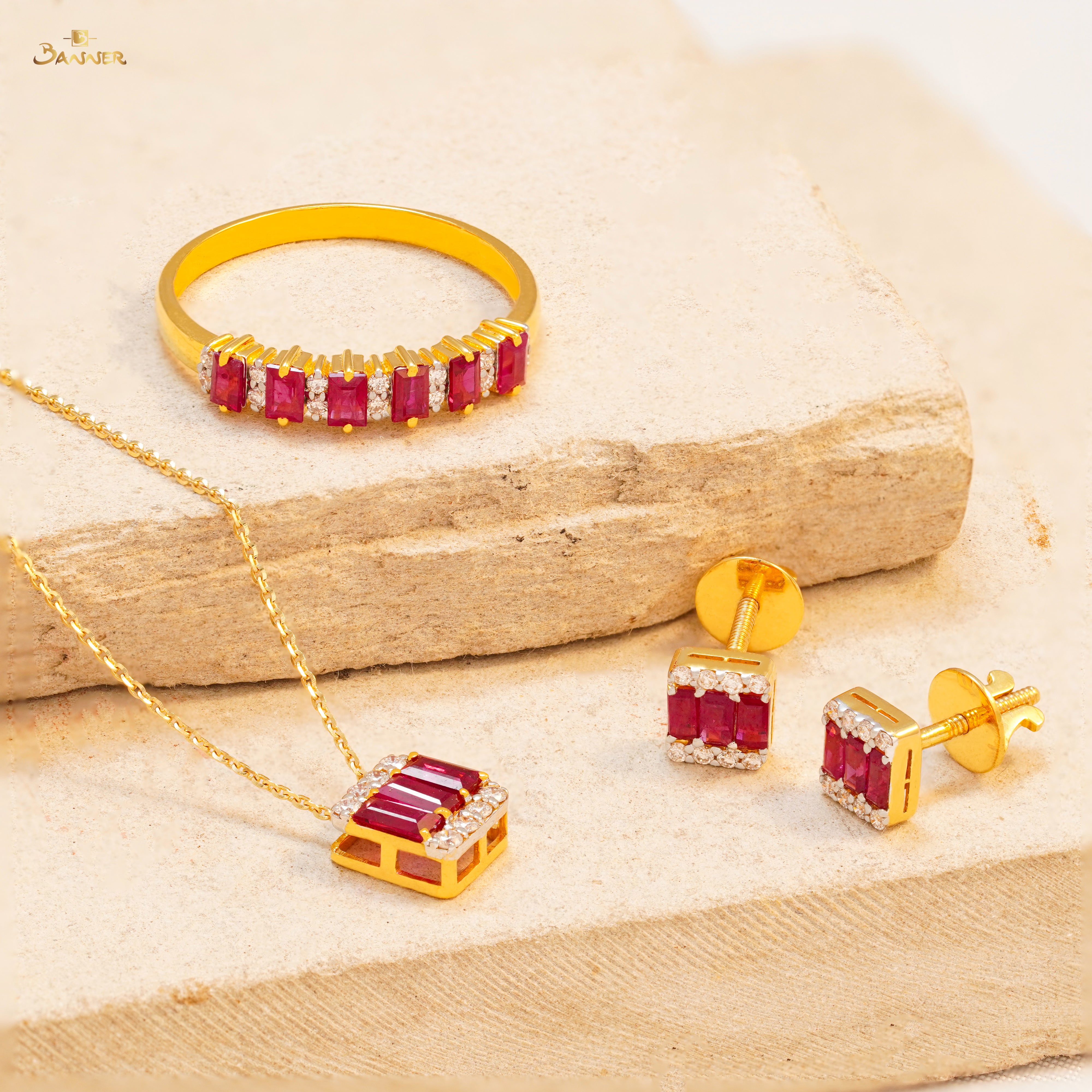 Ruby Emerald-cut and Diamond Set