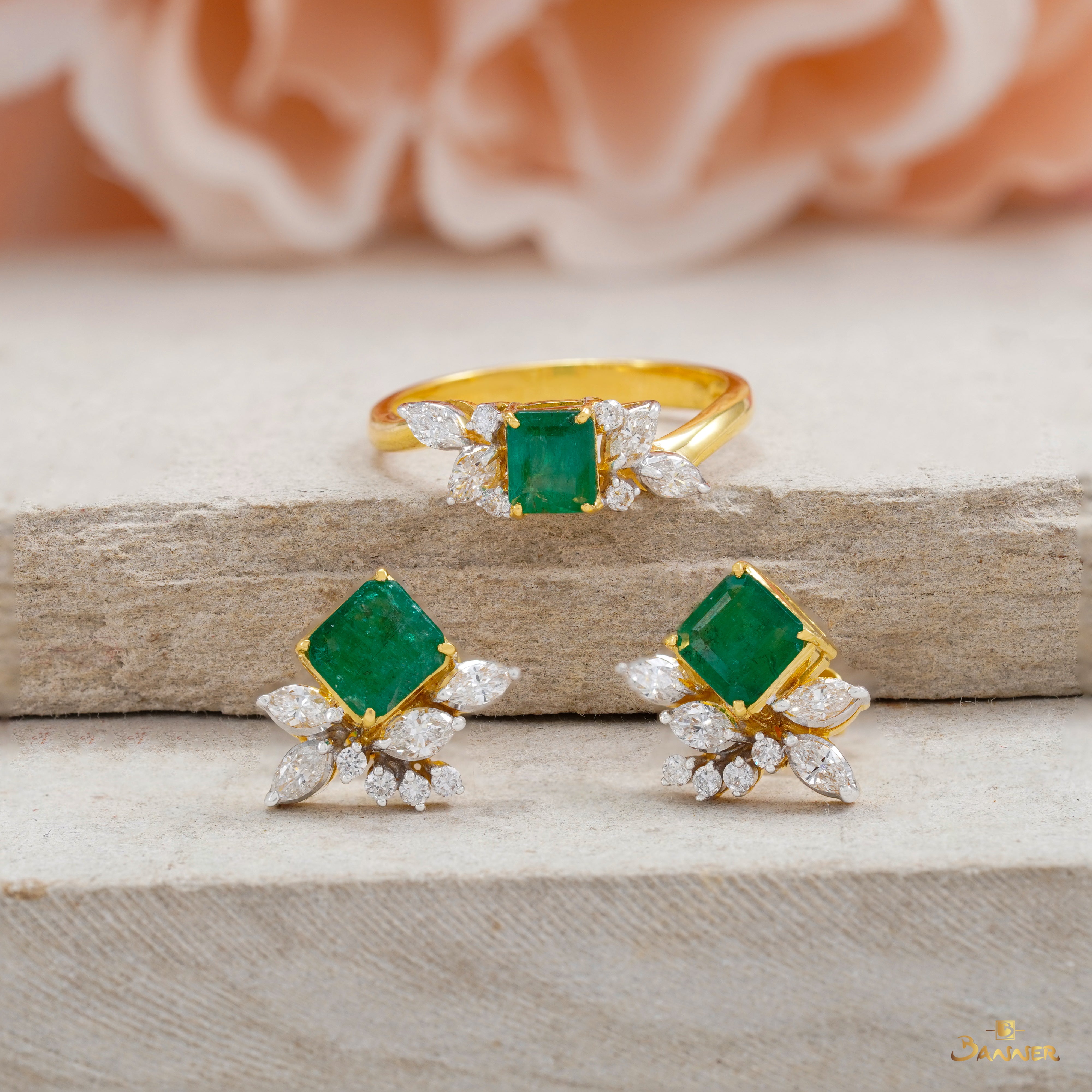 Emerald and Diamond Cluster Set