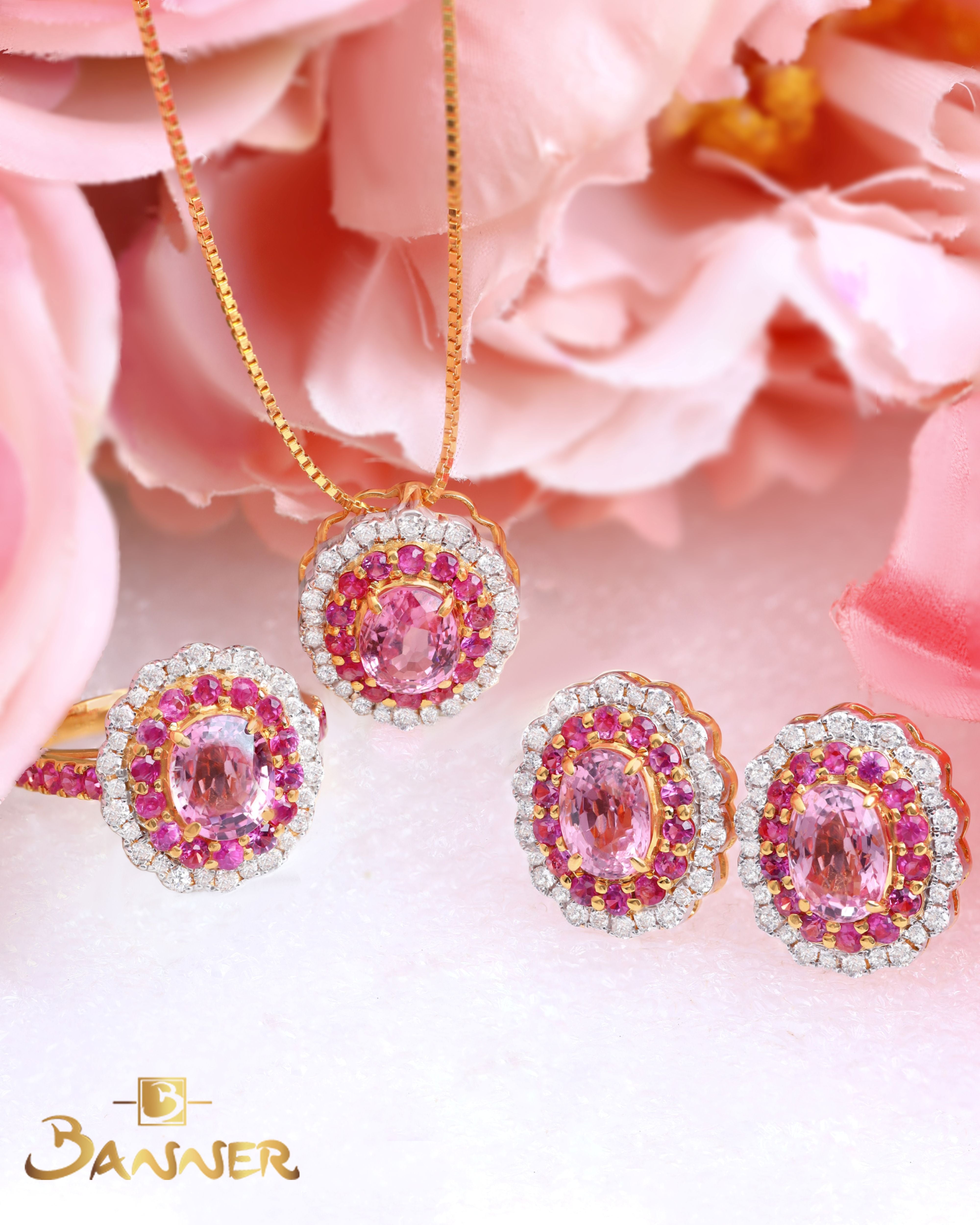 Pink Spinel, Ruby and Diamond Floral Set