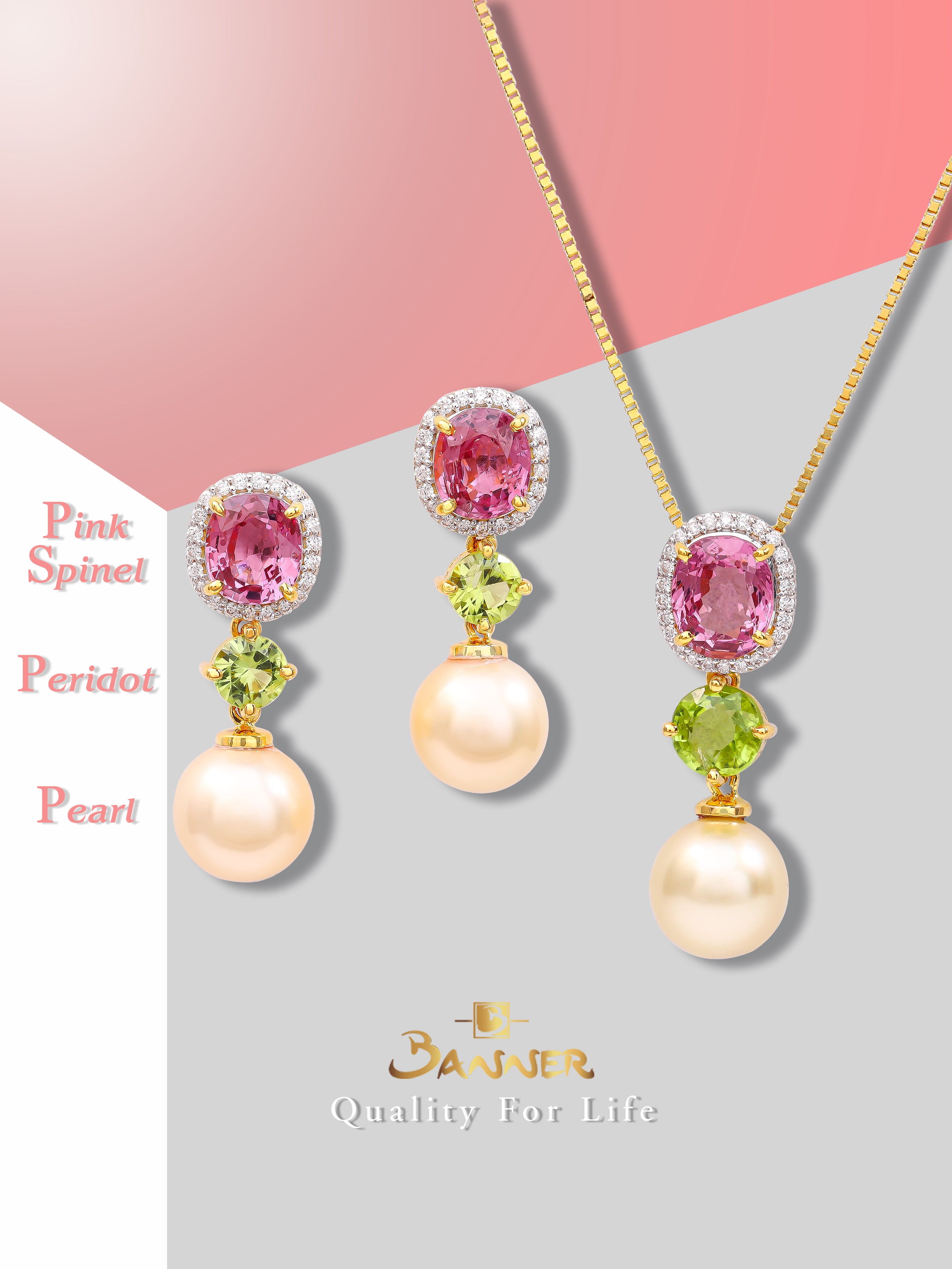 Pink Spinel, Peridot, Pearl and Diamond Set