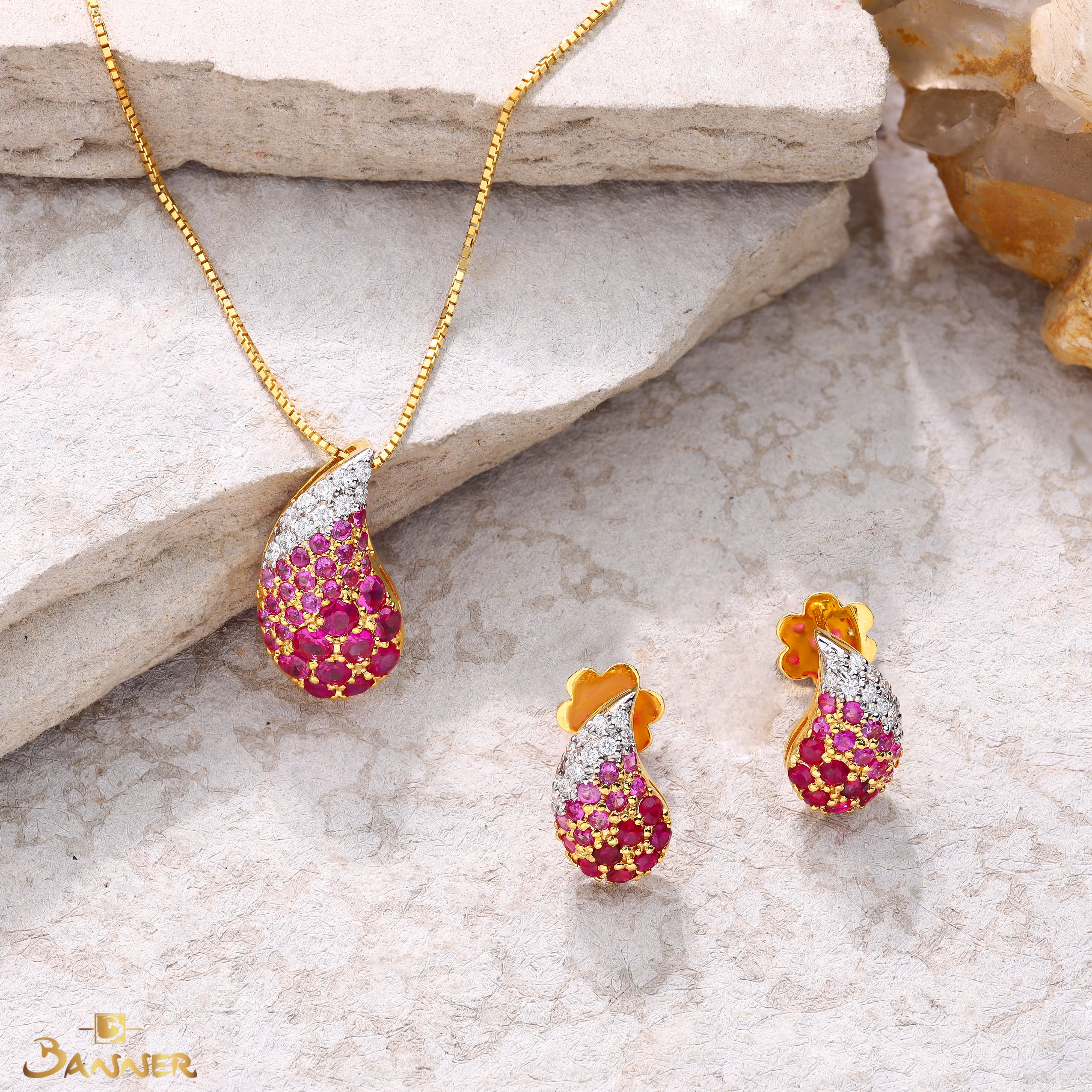 Ruby,Pink Sapphire and Diamond Drop Set