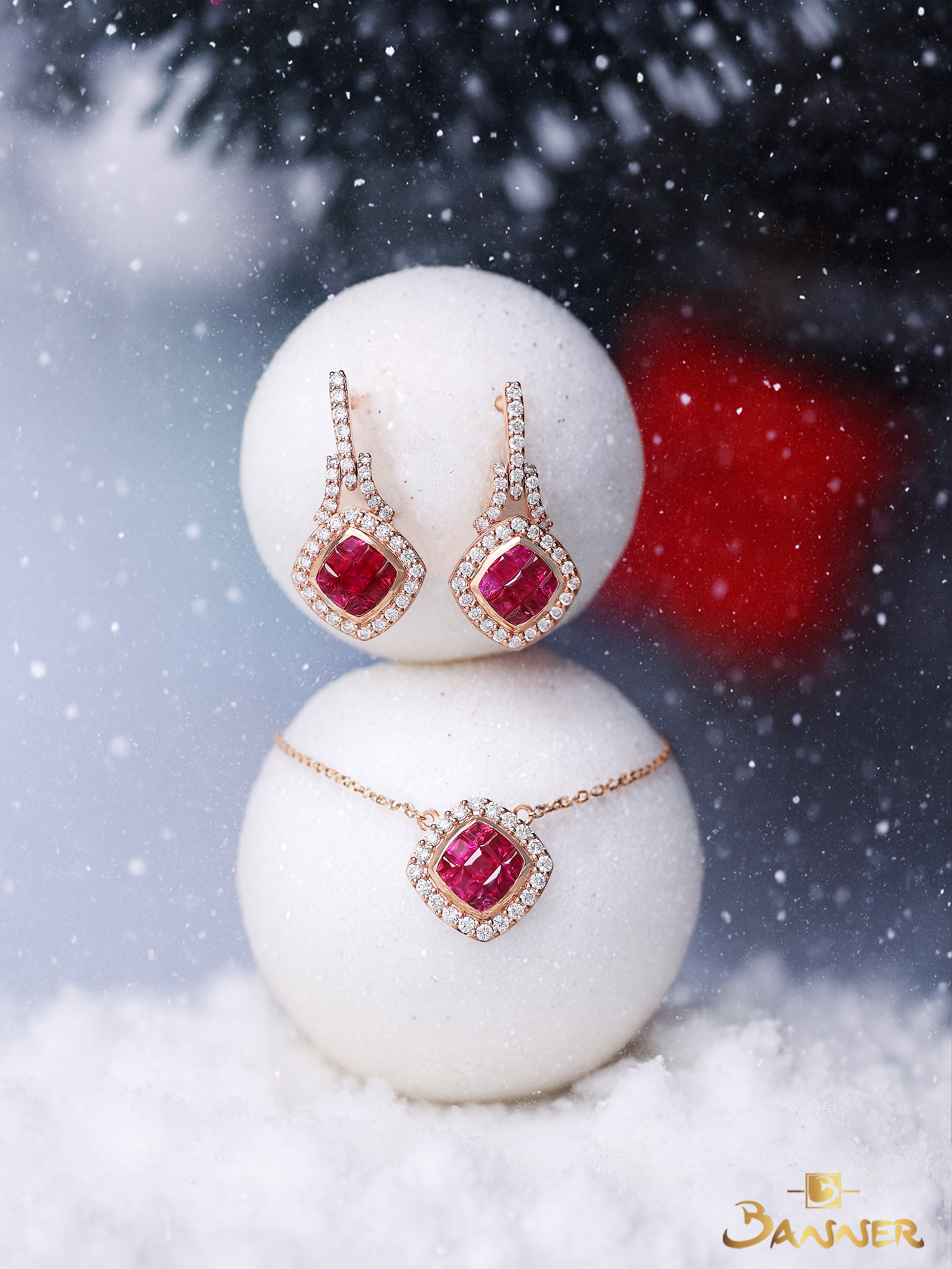 Ruby and Diamond Halo Set