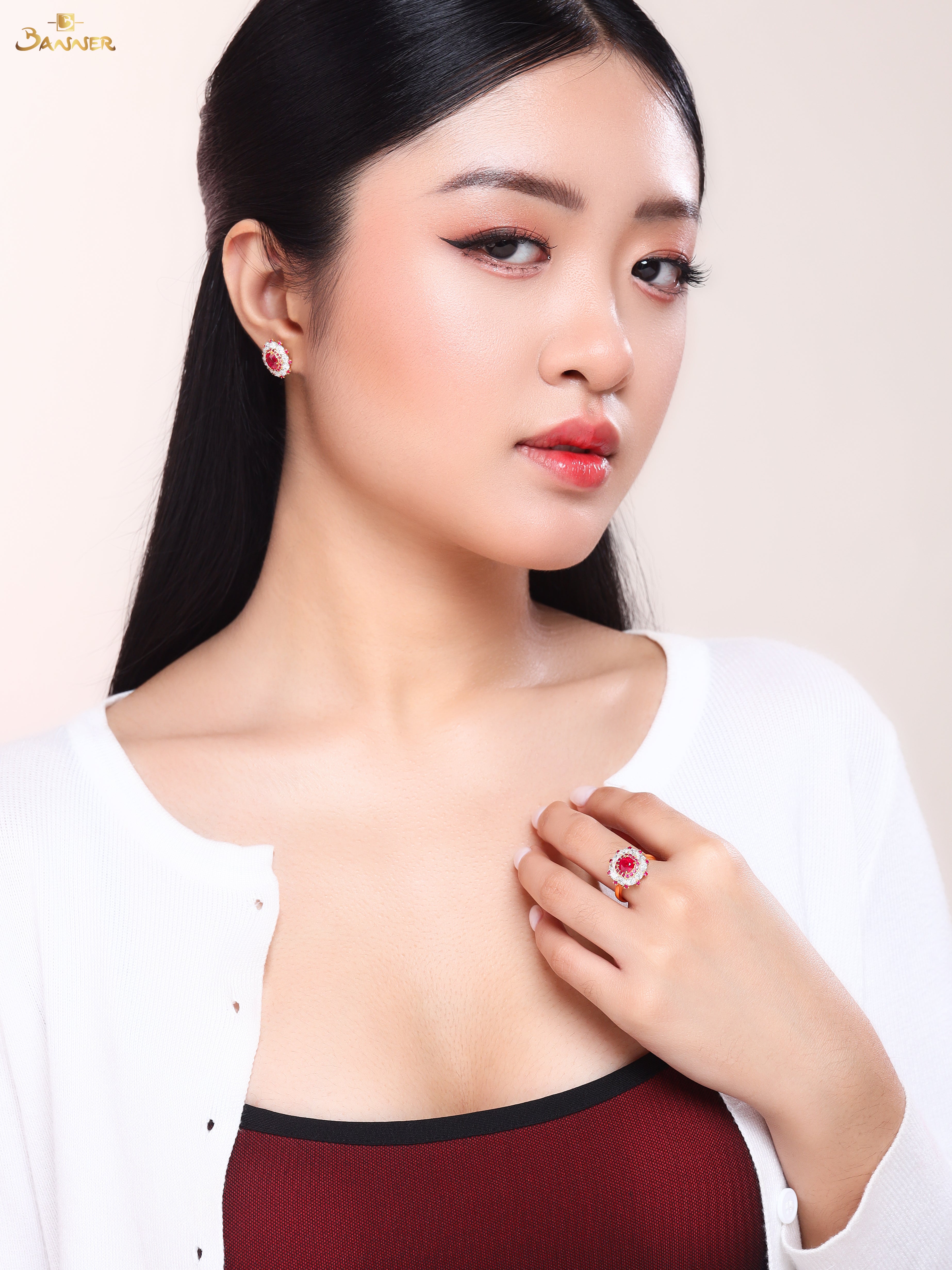 Ruby and Oval Diamond Halo Set