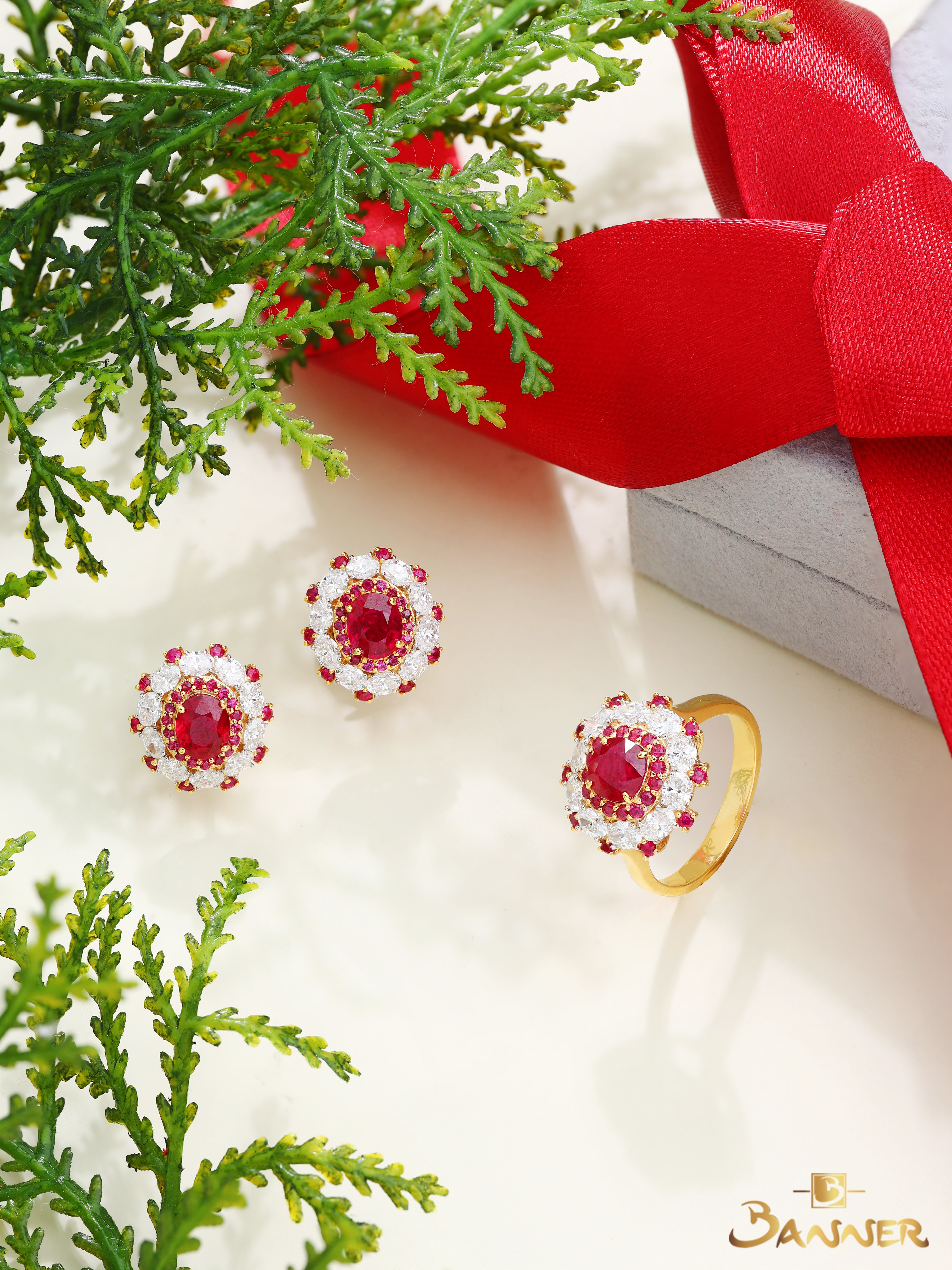 Ruby and Oval Diamond Halo Set