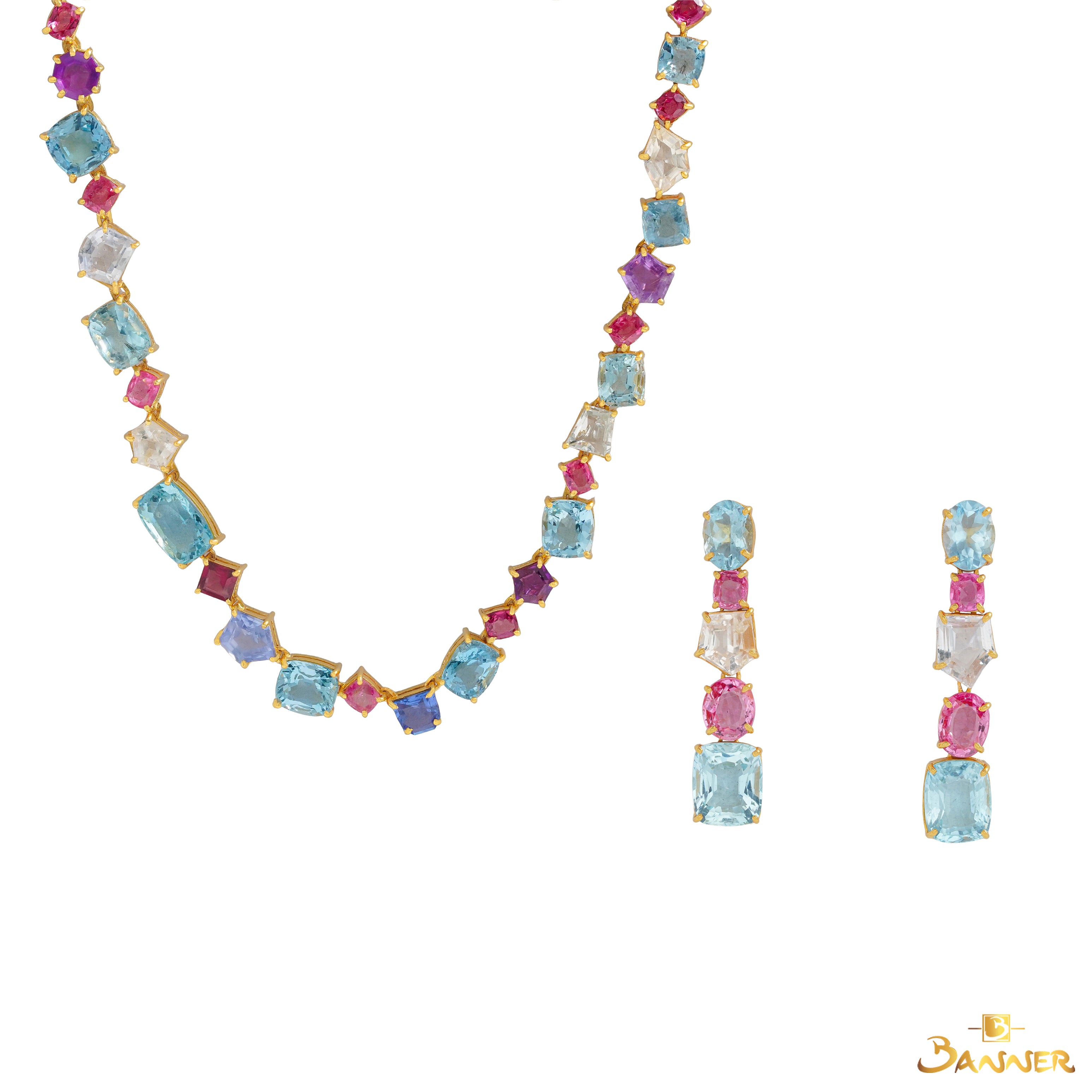 Aquamarine , Pink Spinel and Multi-Colored Sapphire Tennis Set