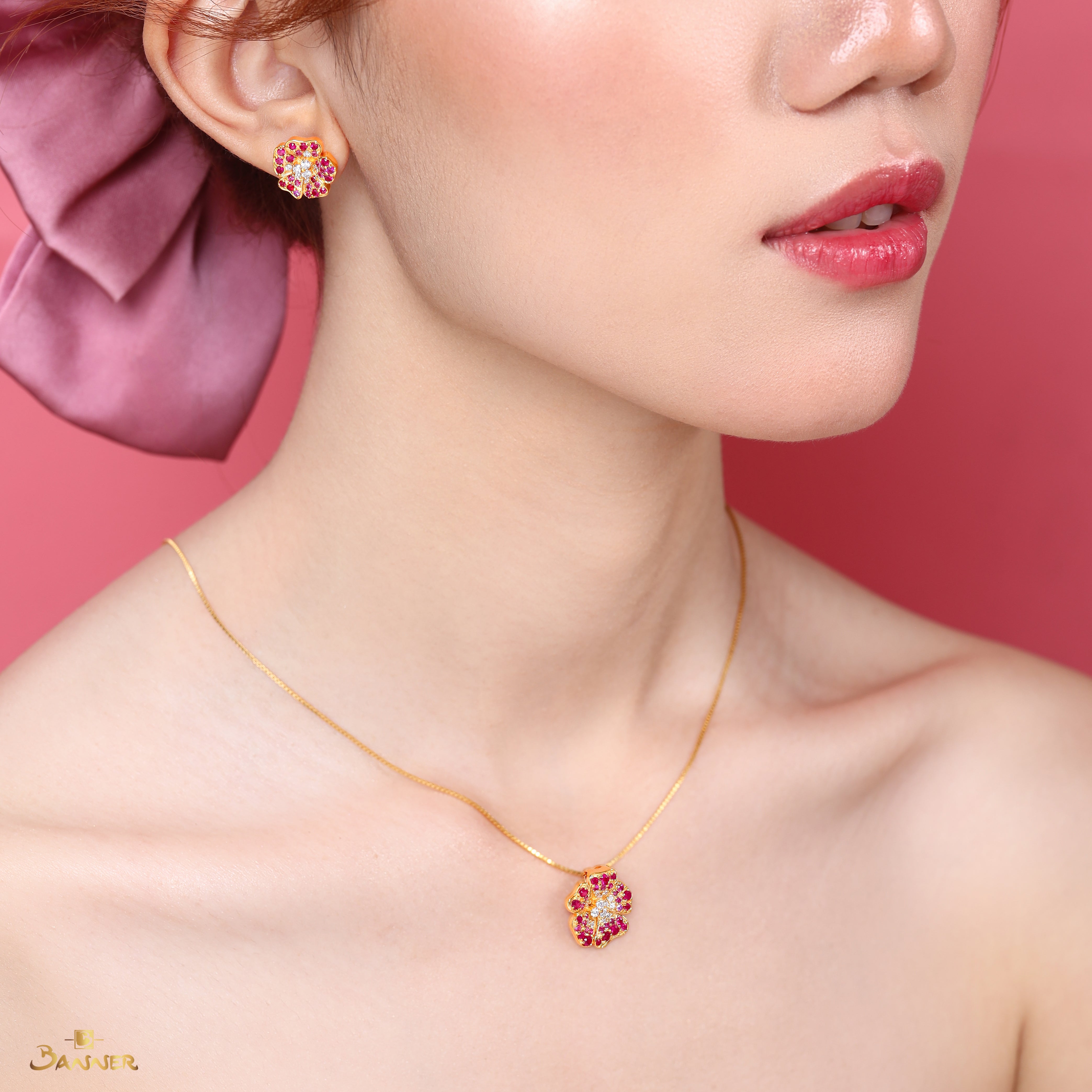 Ruby , Pink Sapphire and Diamond Clover Set