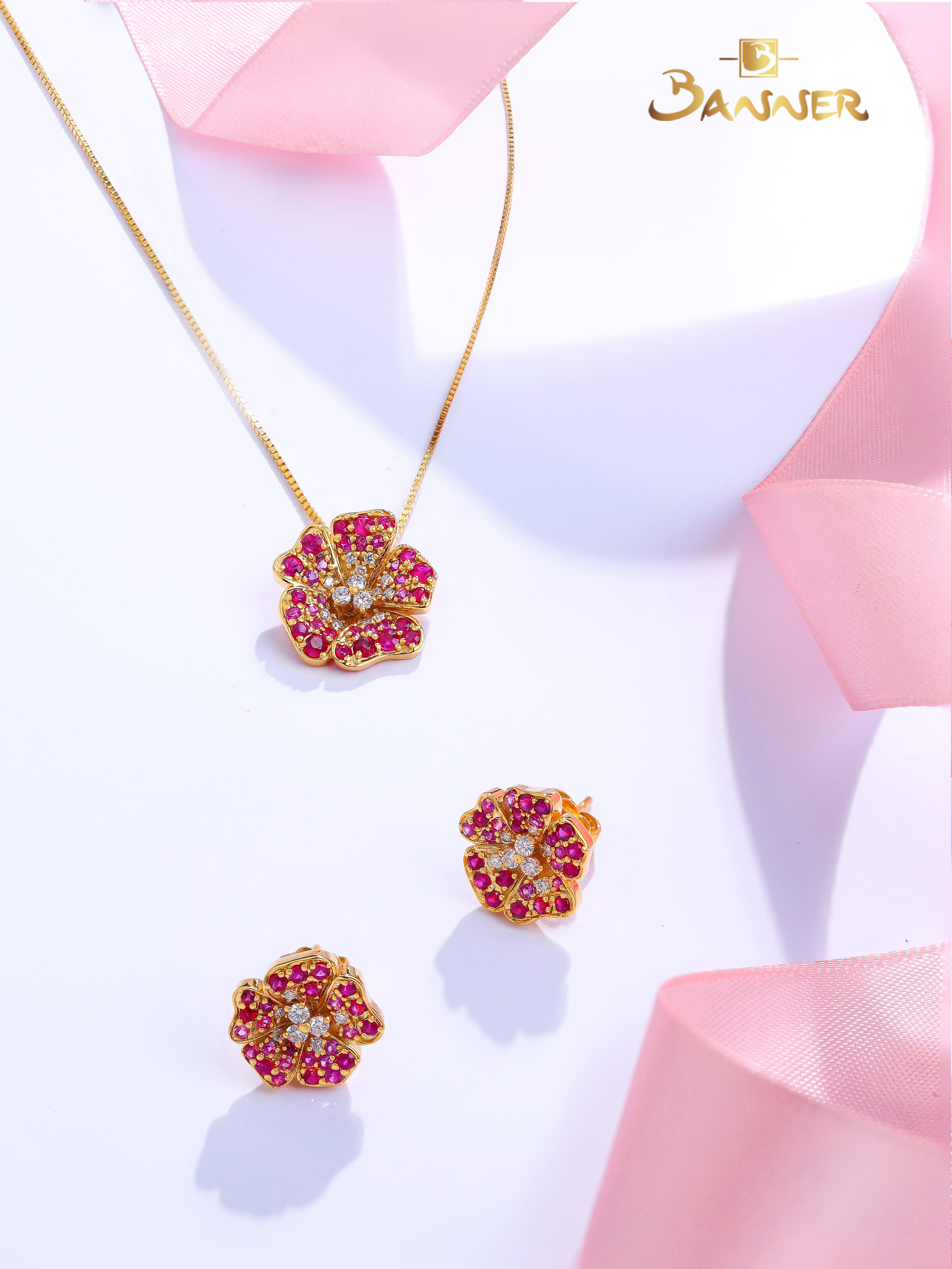Ruby , Pink Sapphire and Diamond Clover Set