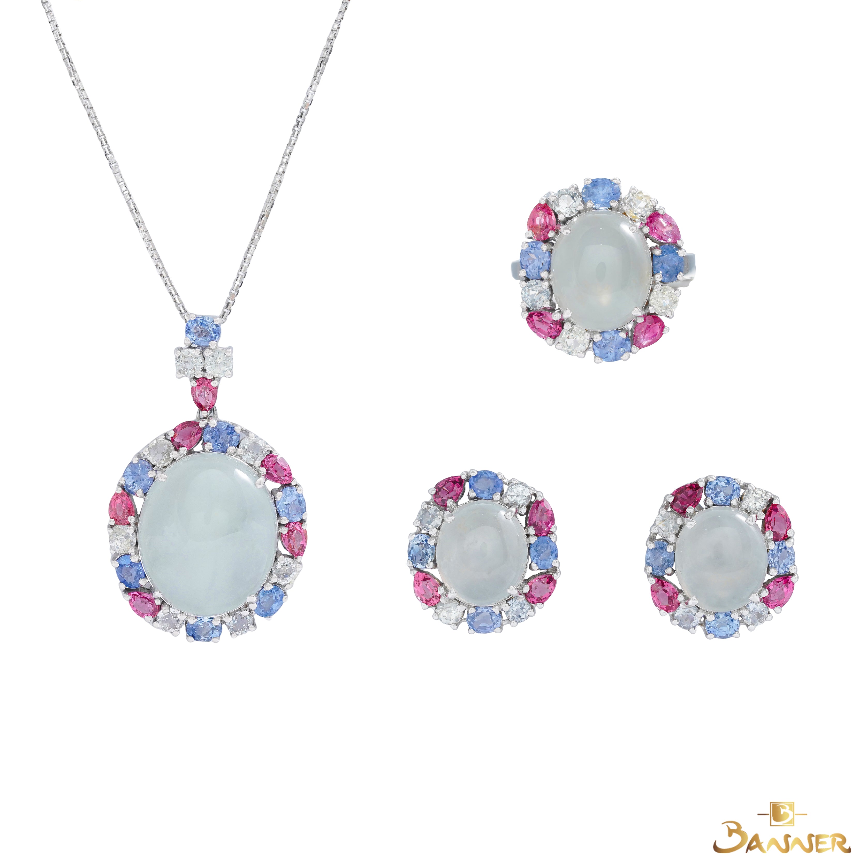 White Jade , Pink Spinel and Multi-color Sapphire Halo Set