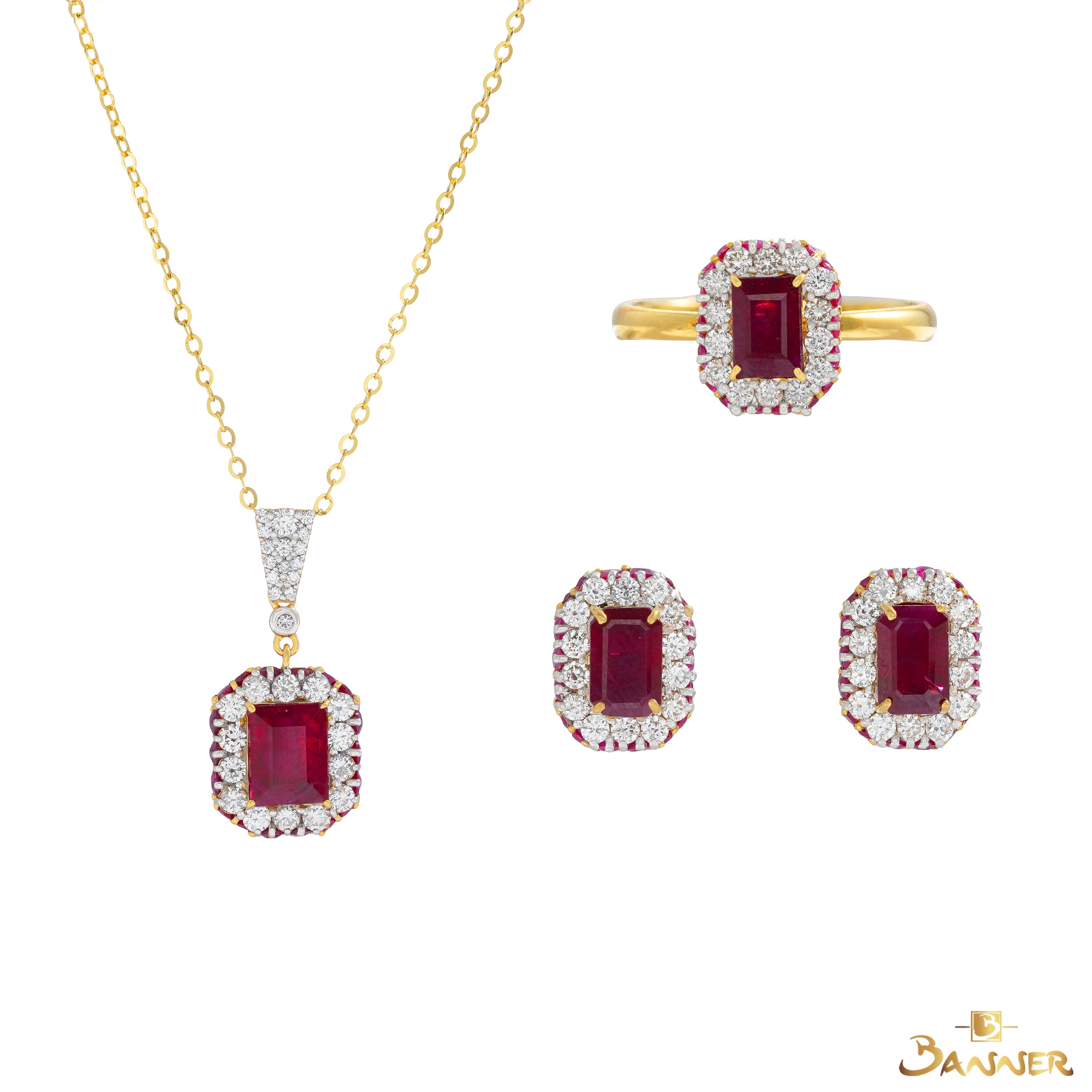 Emerald-cut Ruby and Diamond Dahlia Set