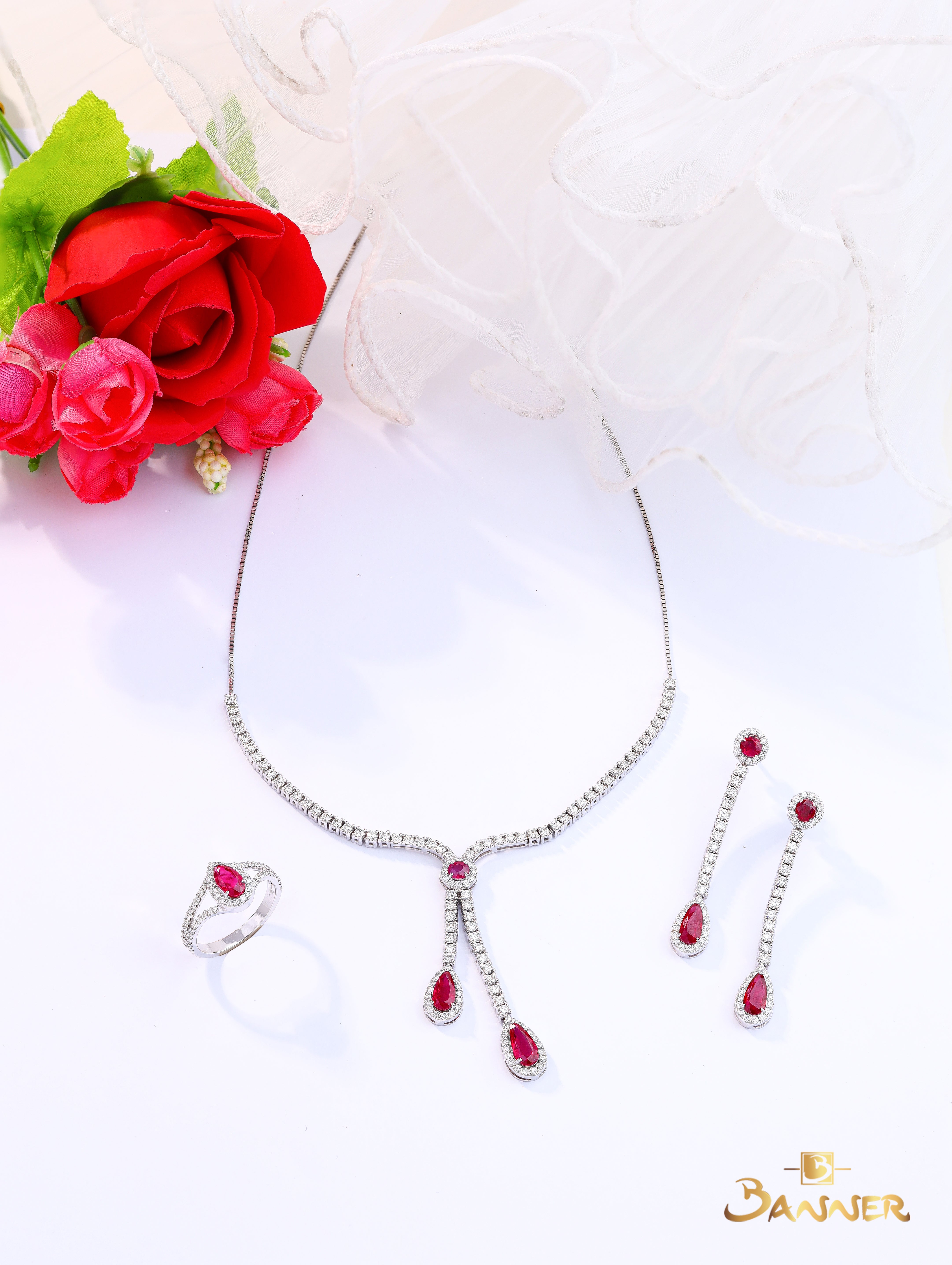 Ruby and Diamond Rain-drop Lariat Set