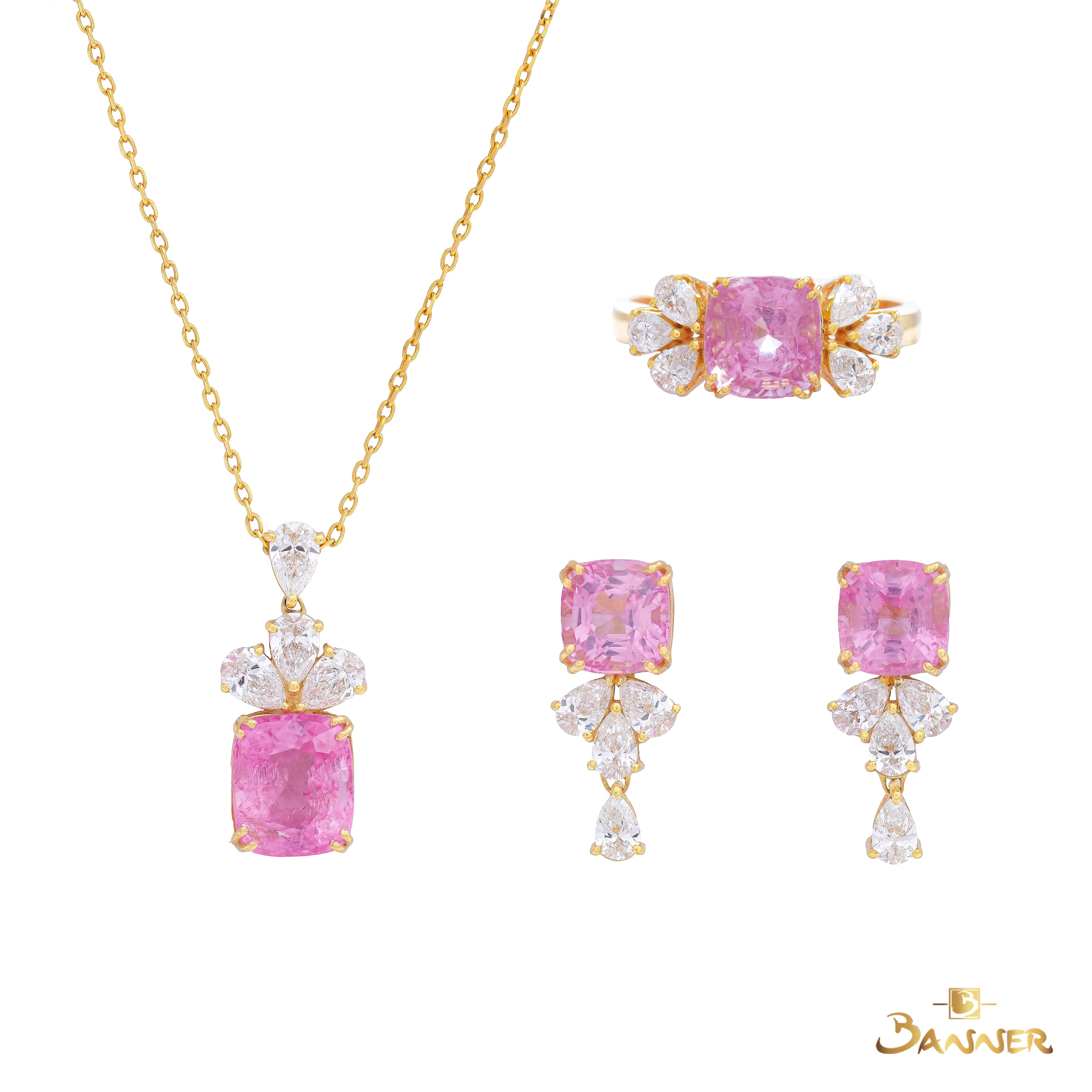 Pink Tourmaline and Diamond Floral Cluster Drop Set