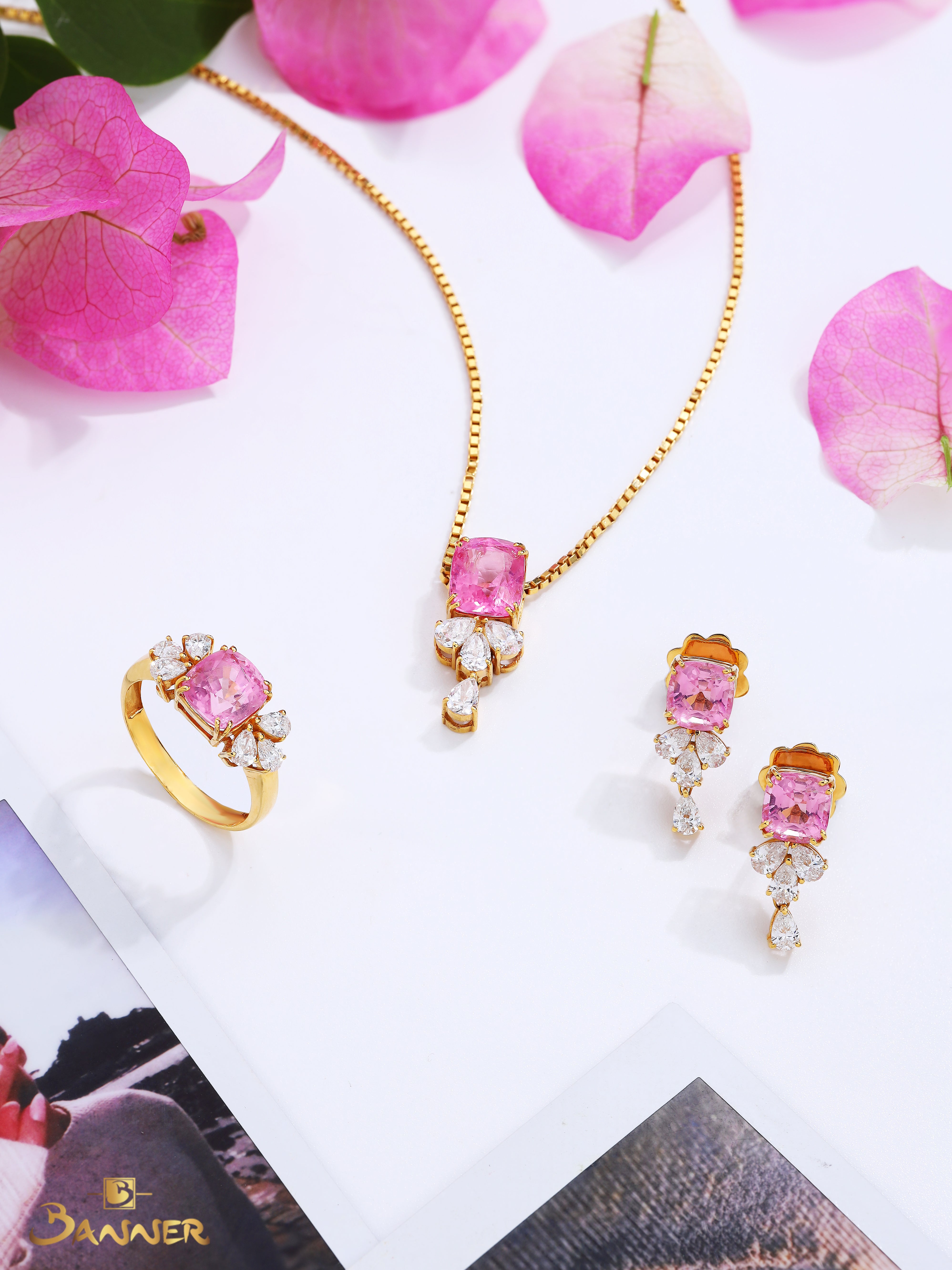 Pink Tourmaline and Diamond Floral Cluster Drop Set