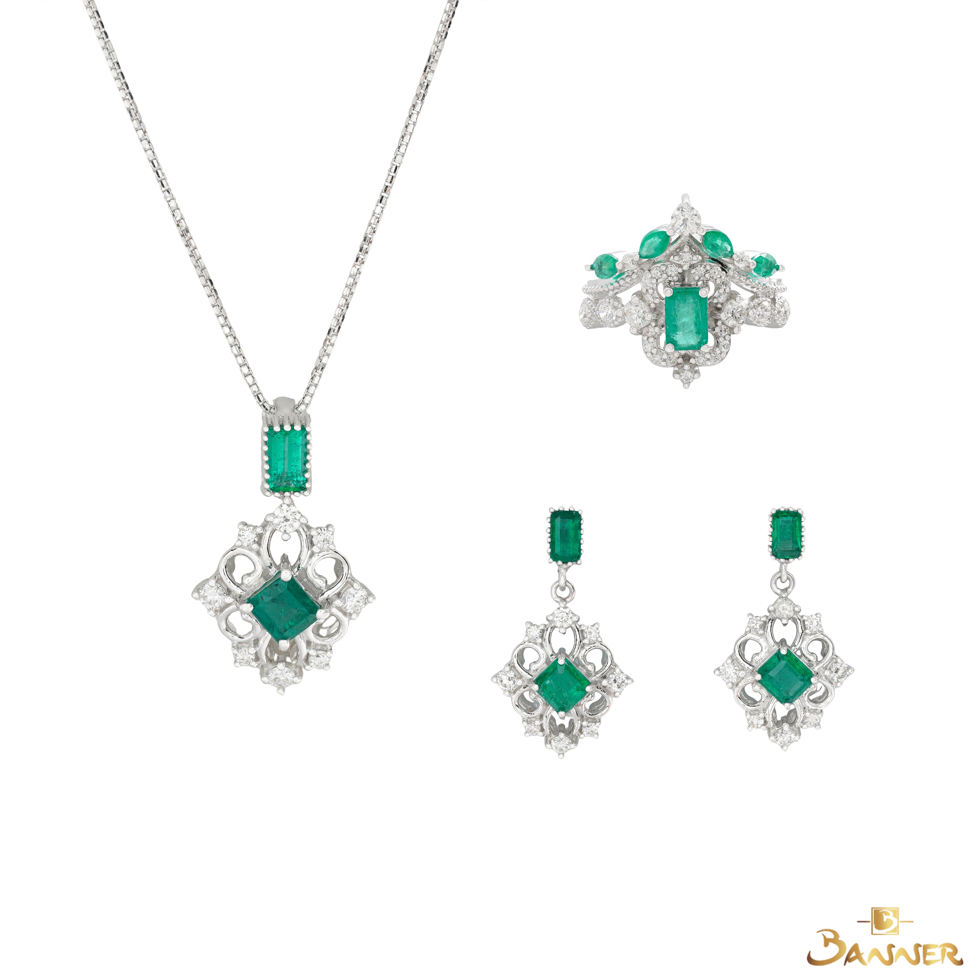 Emerald and Diamond Vintage Halo Set
