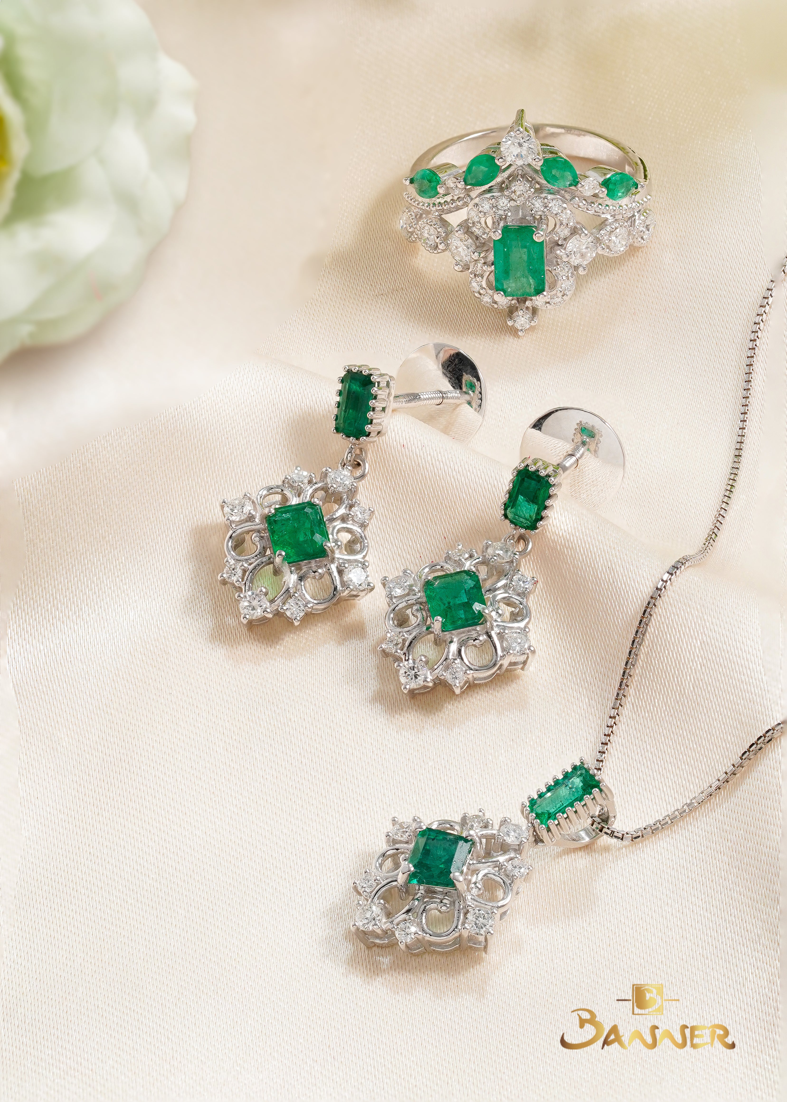 Emerald and Diamond Vintage Halo Set