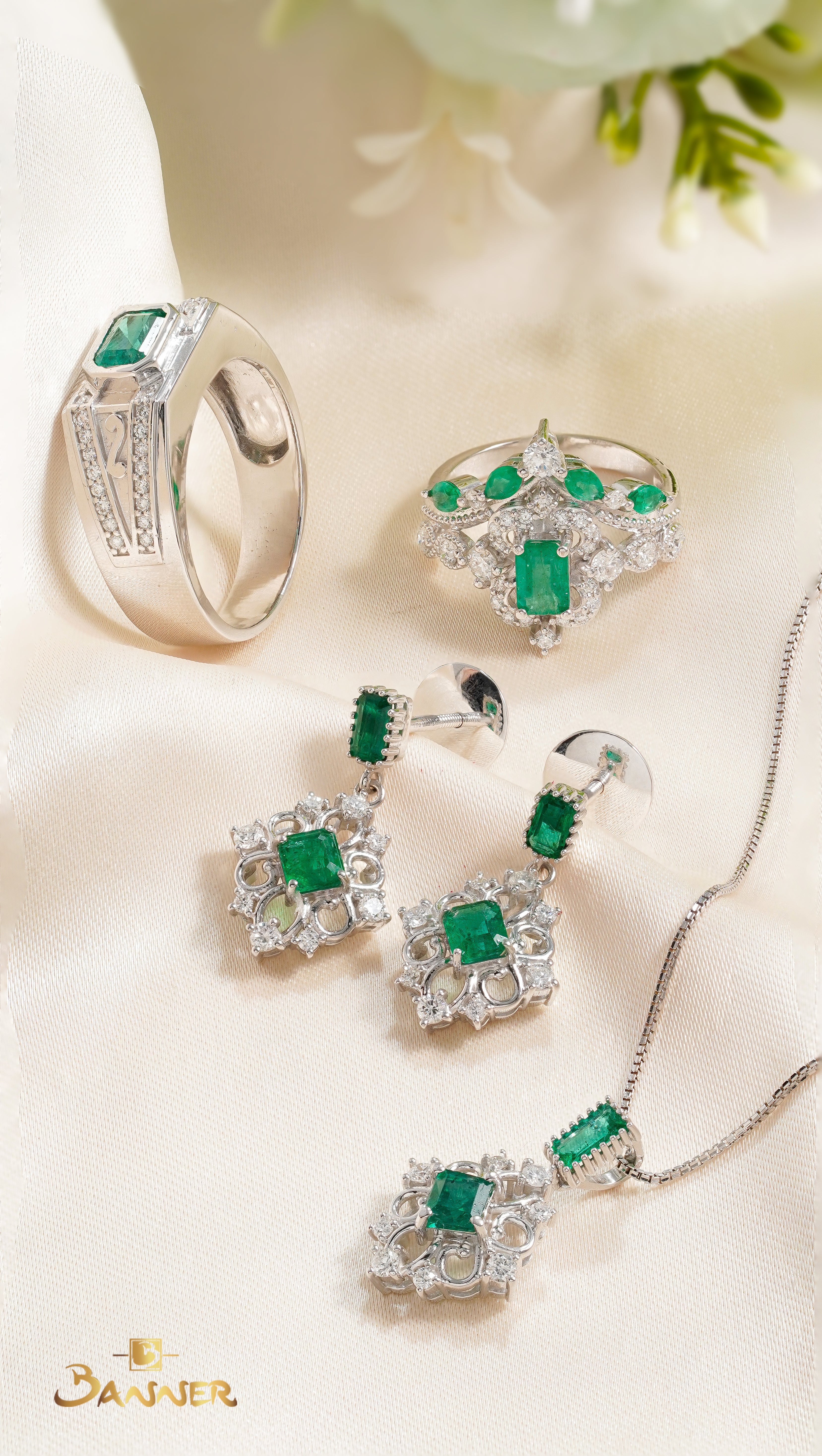Emerald and Diamond Vintage Halo Set