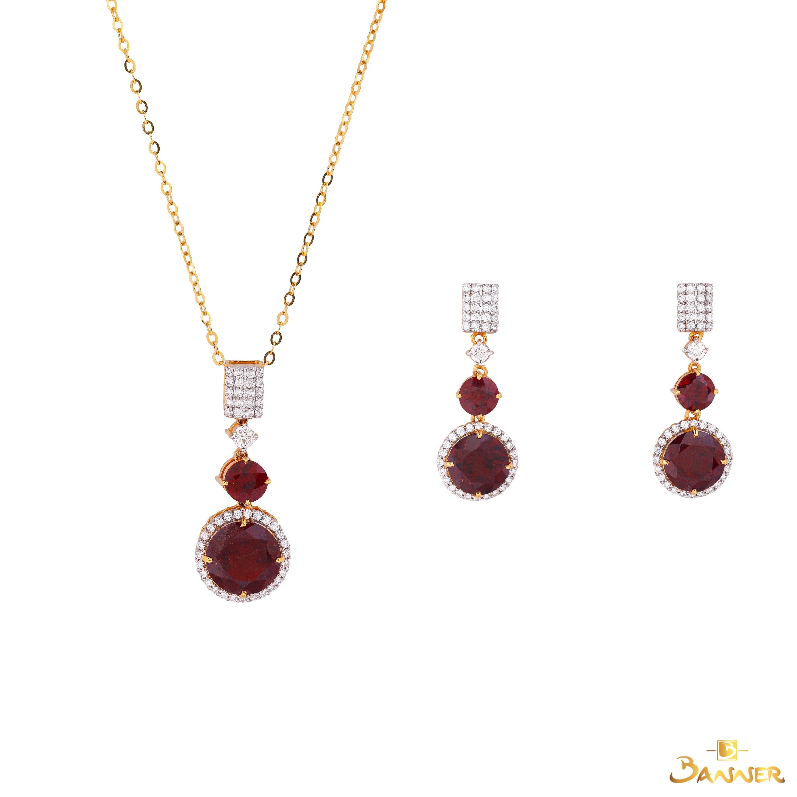 Garnet and Diamond Pave Halo Drop Set