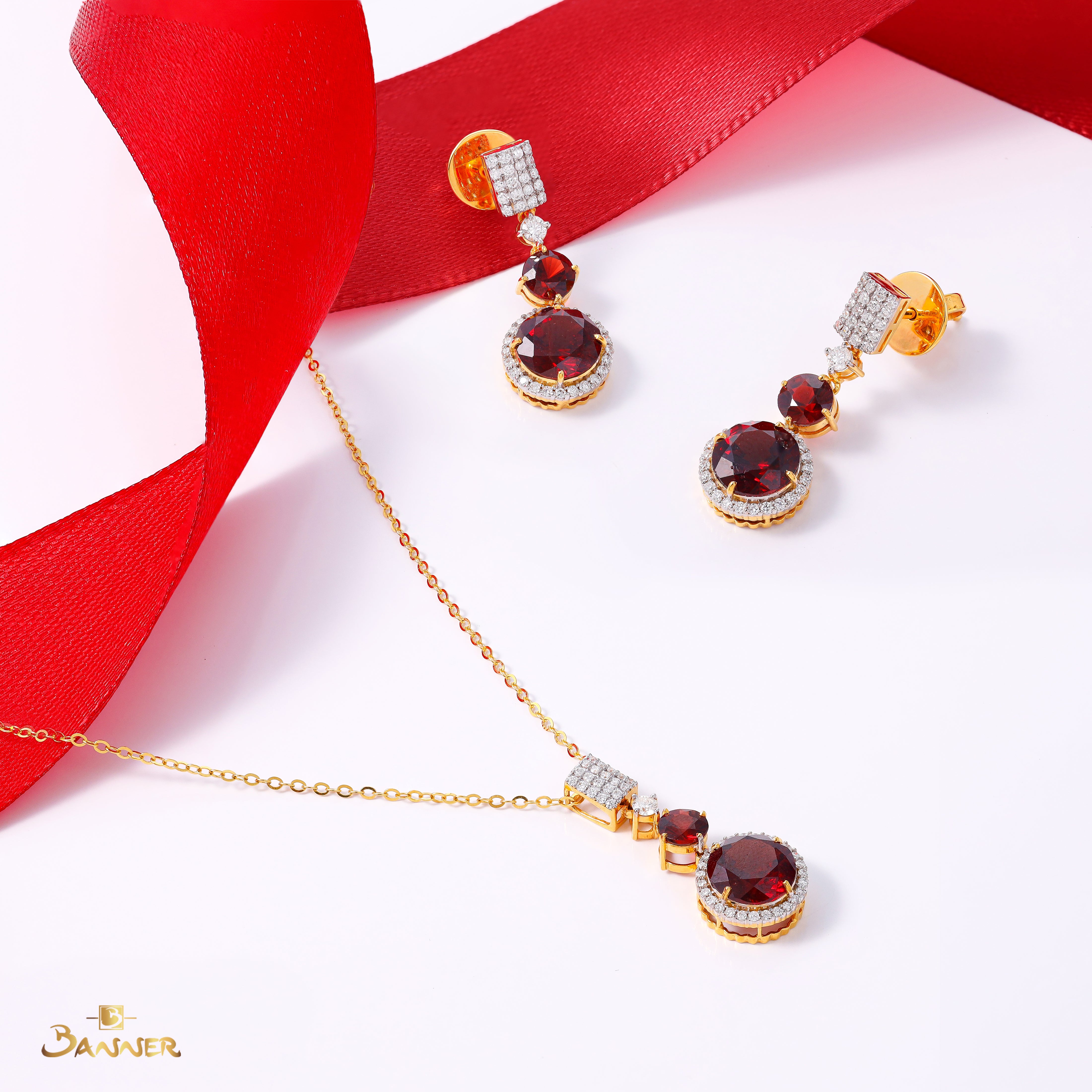 Garnet and Diamond Pave Halo Drop Set