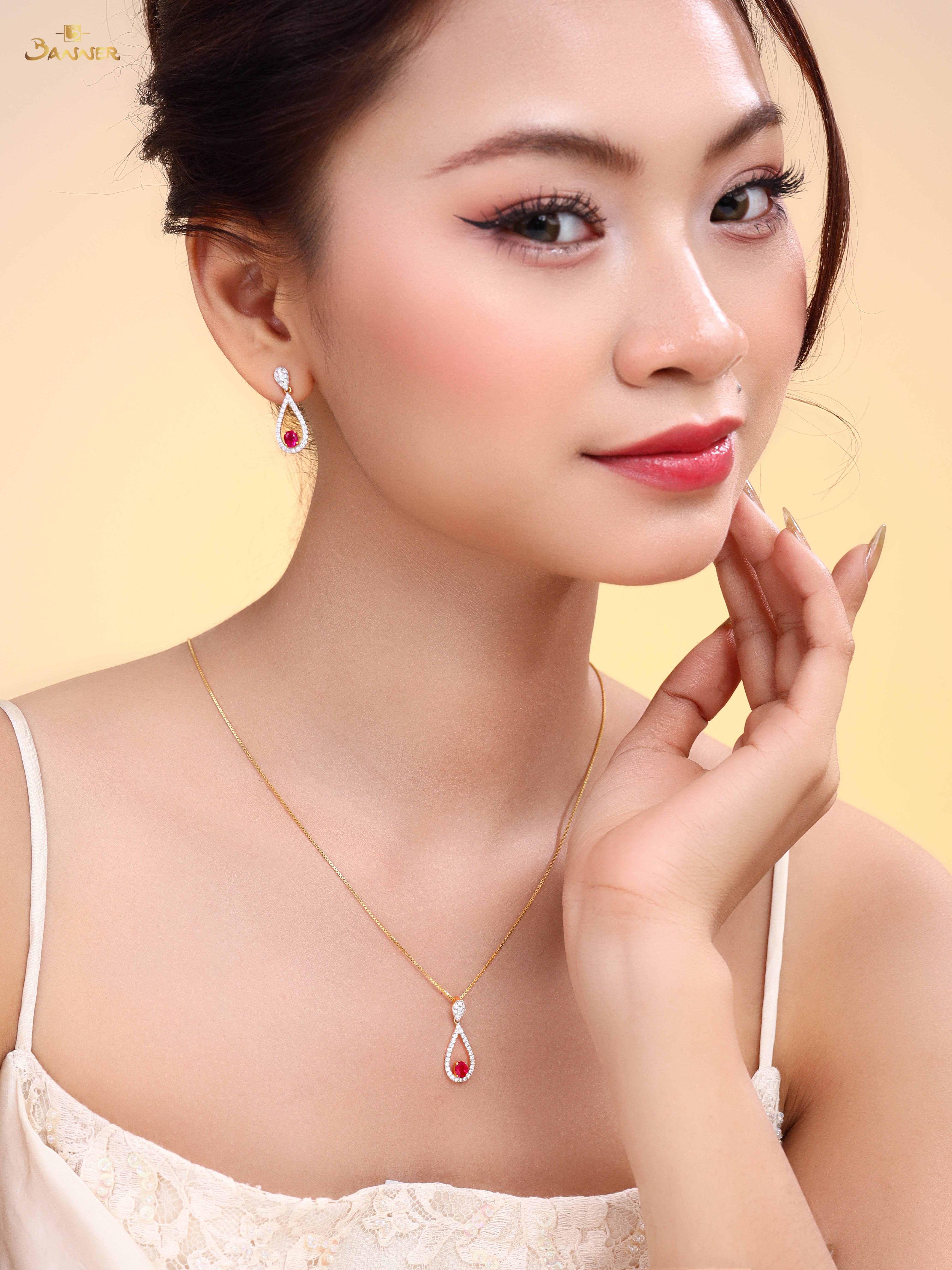 Ruby and Diamond Rain Drop Dangle Set
