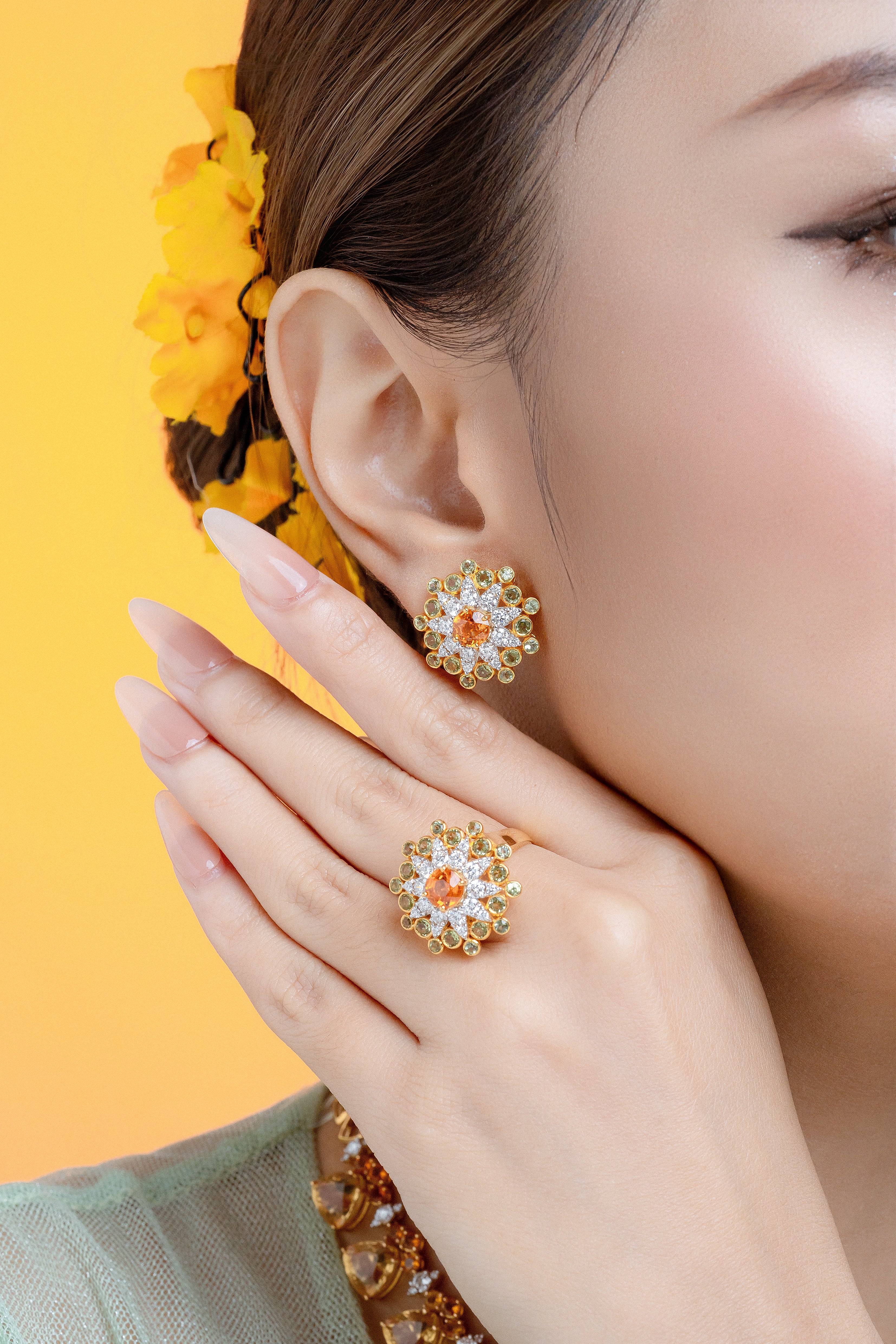 Spessartine Garnet , Peridot and Diamond Padauk Blossom Set