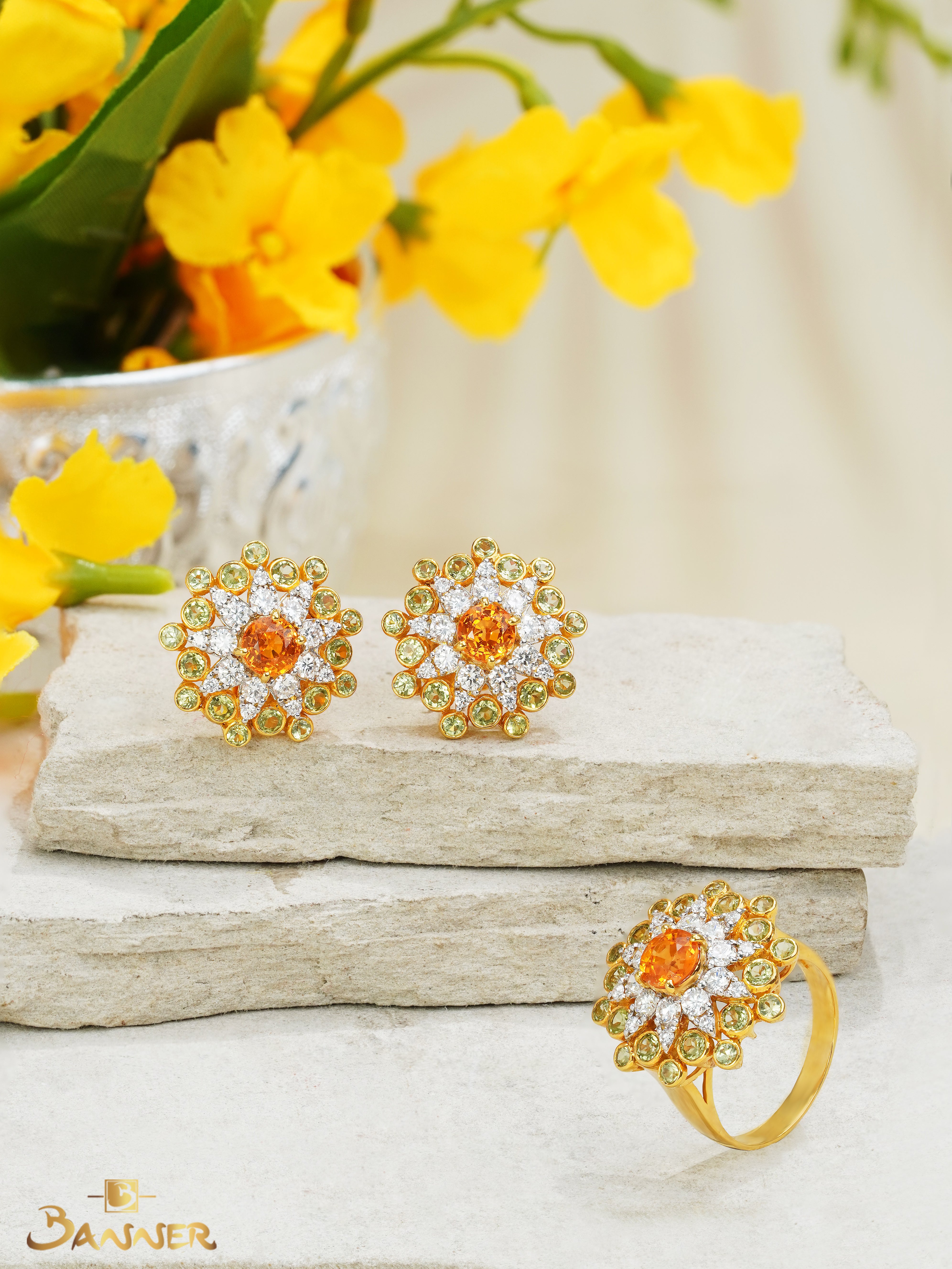 Spessartine Garnet , Peridot and Diamond Padauk Blossom Set