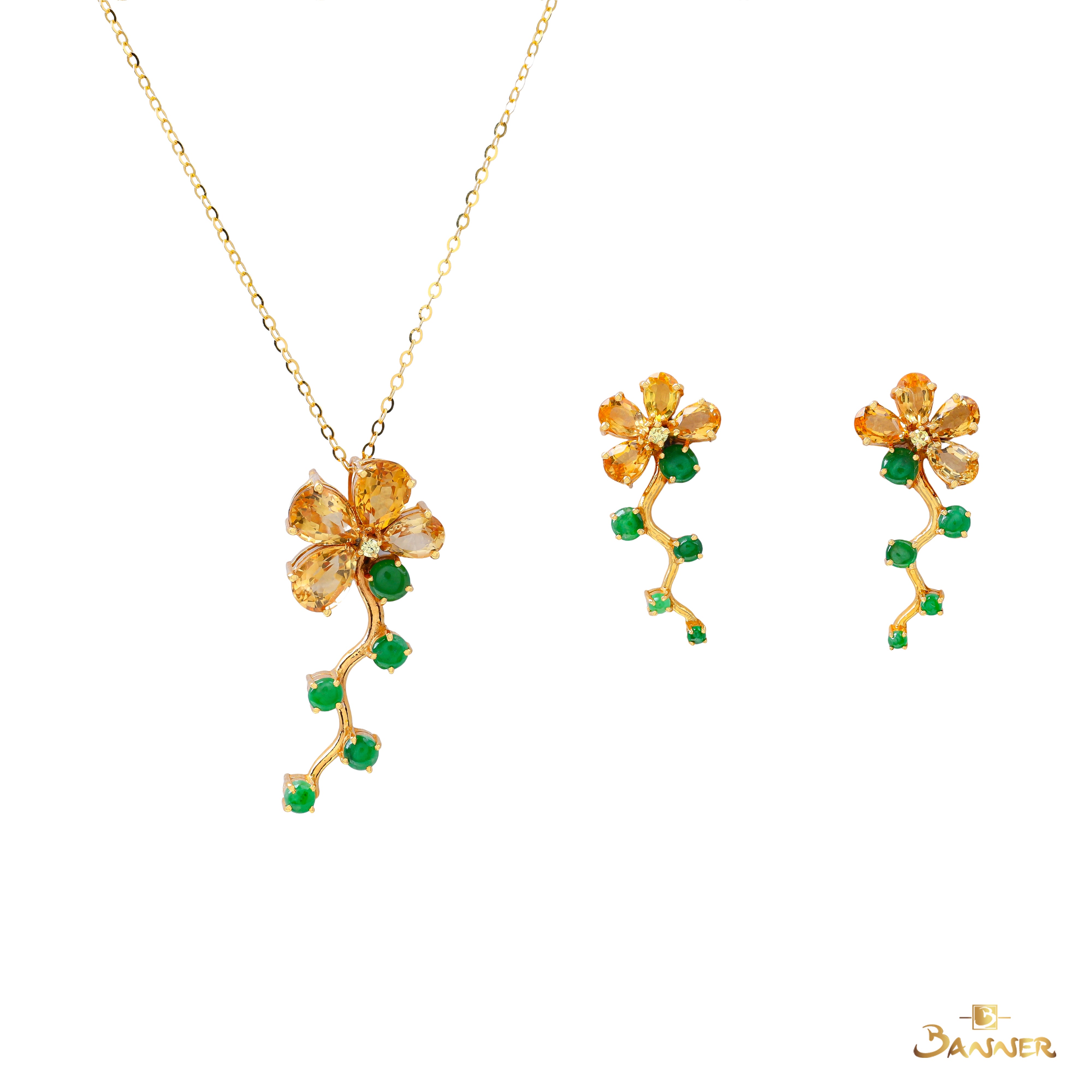 Citrine , Yellow Sapphire and Jade Floral Vine Set