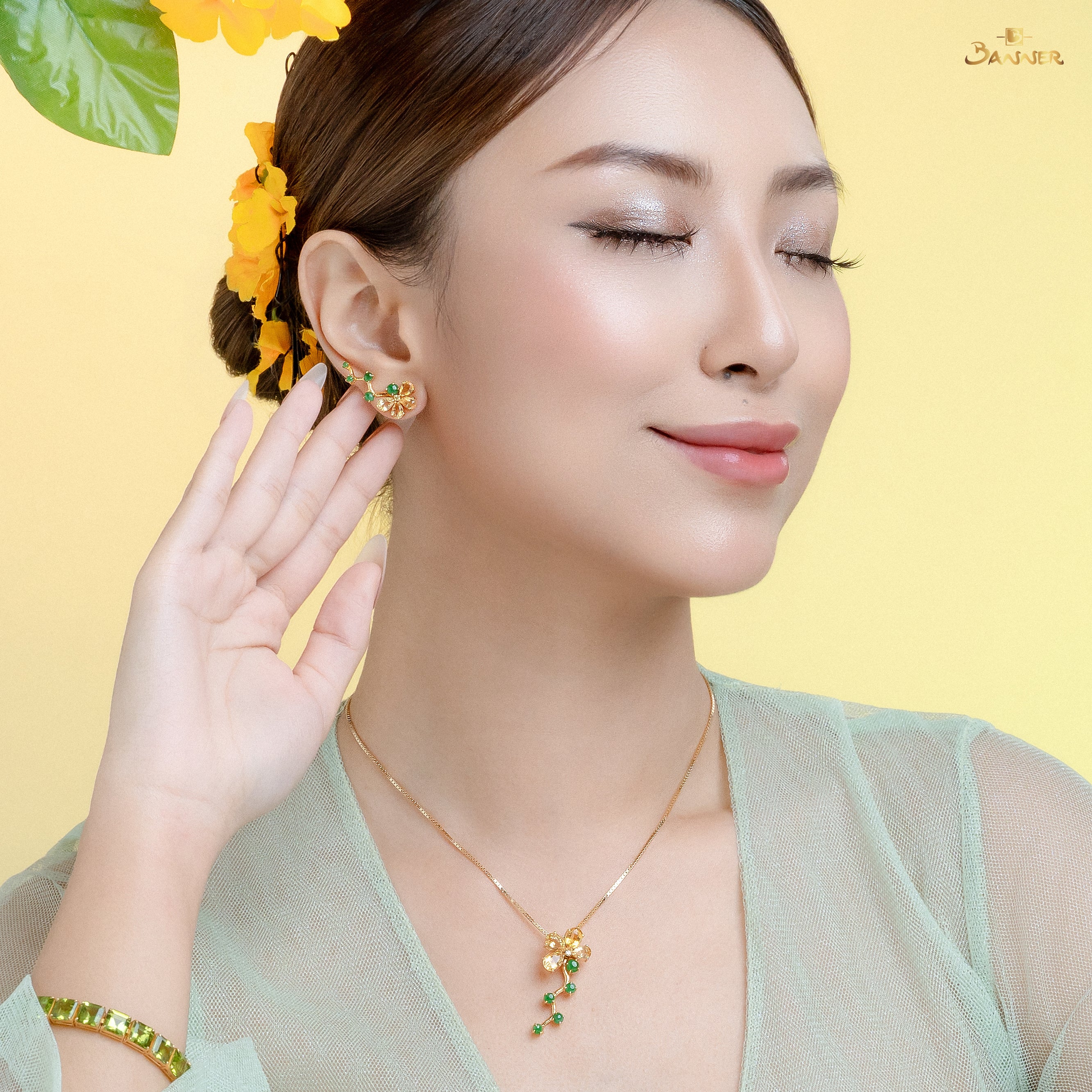 Citrine , Yellow Sapphire and Jade Floral Vine Set