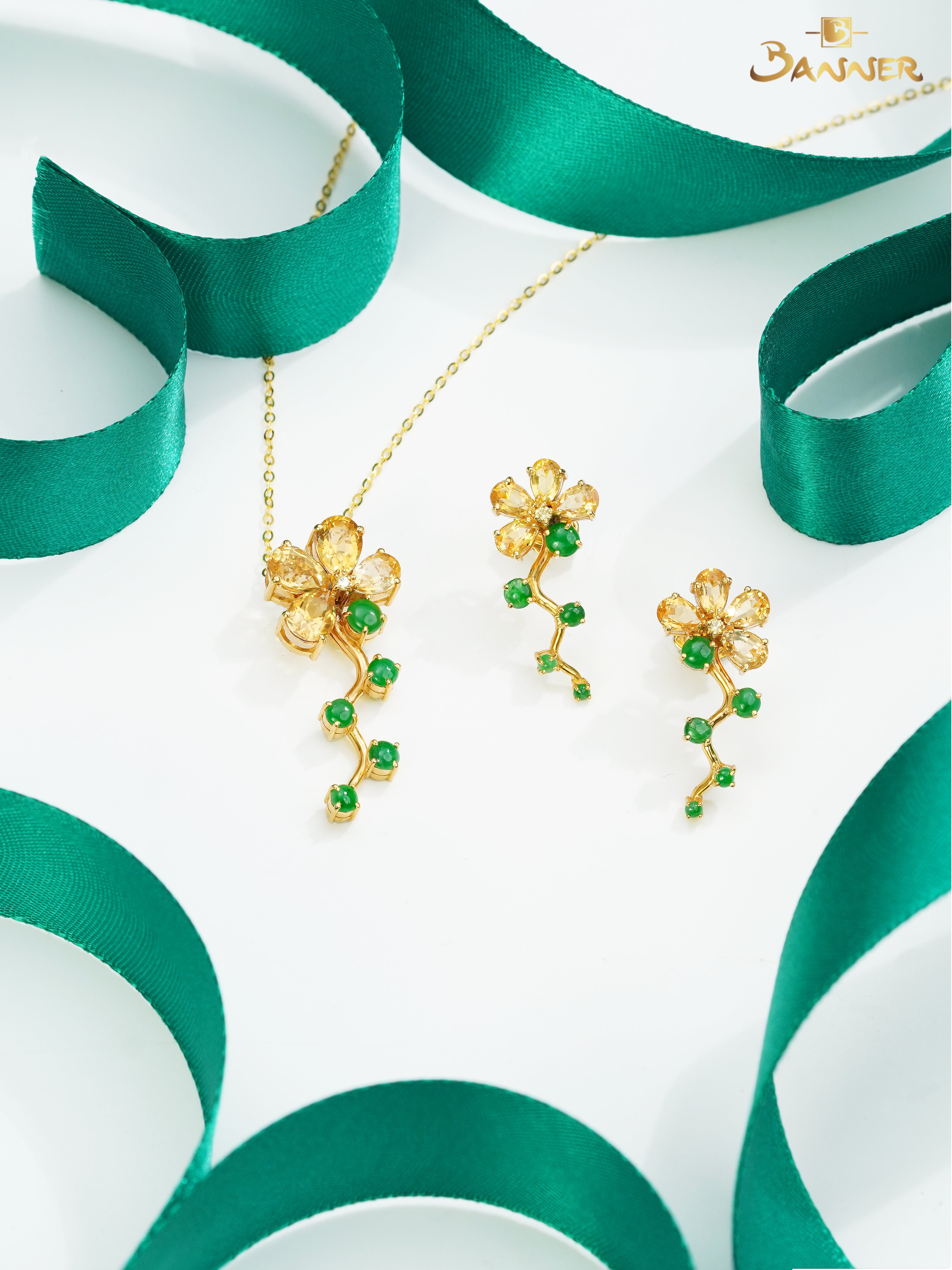 Citrine , Yellow Sapphire and Jade Floral Vine Set