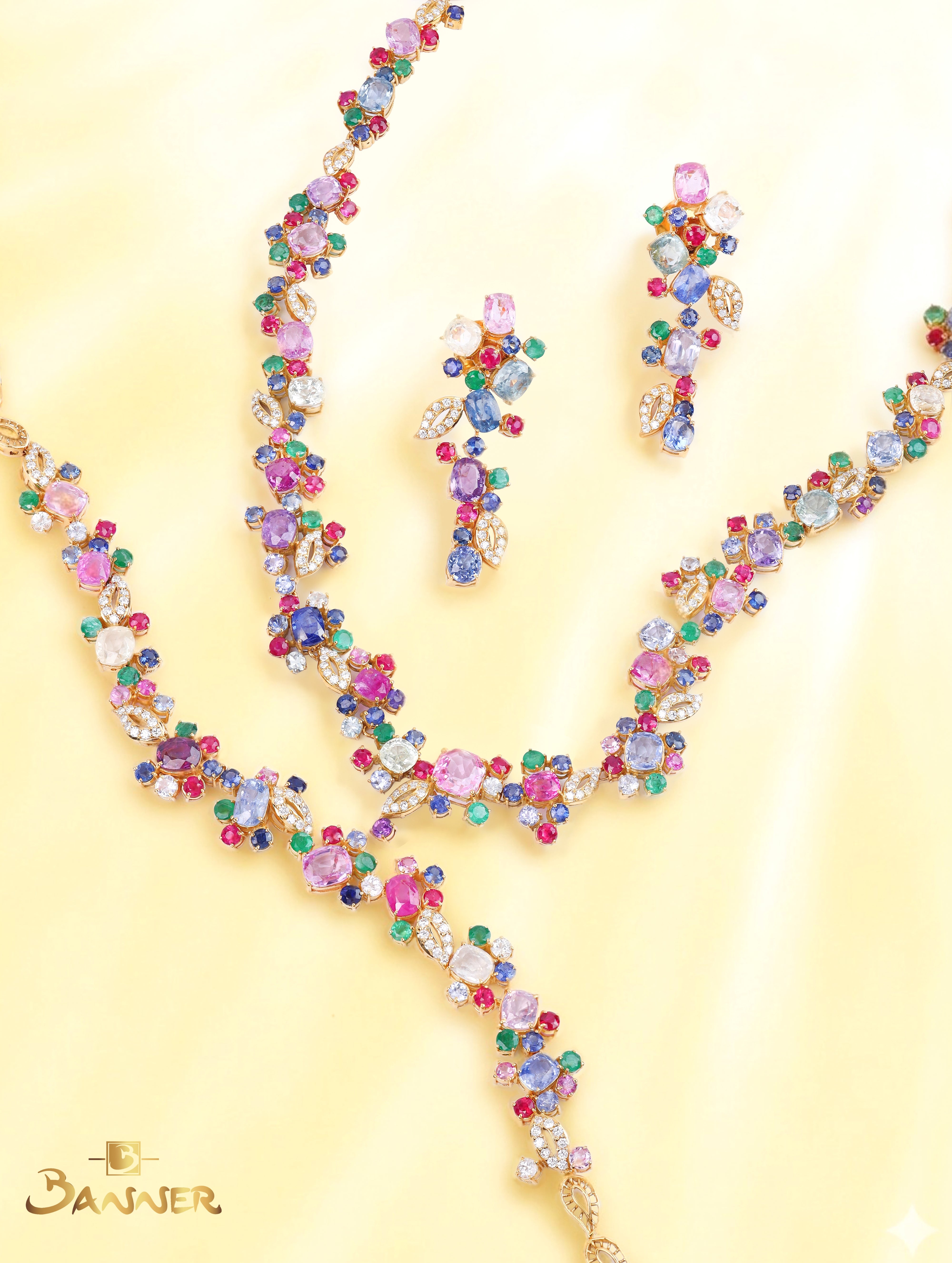 Ruby,Sapphire,Emerald,Multi-colored Sapphire and Diamond Floral Vine Set