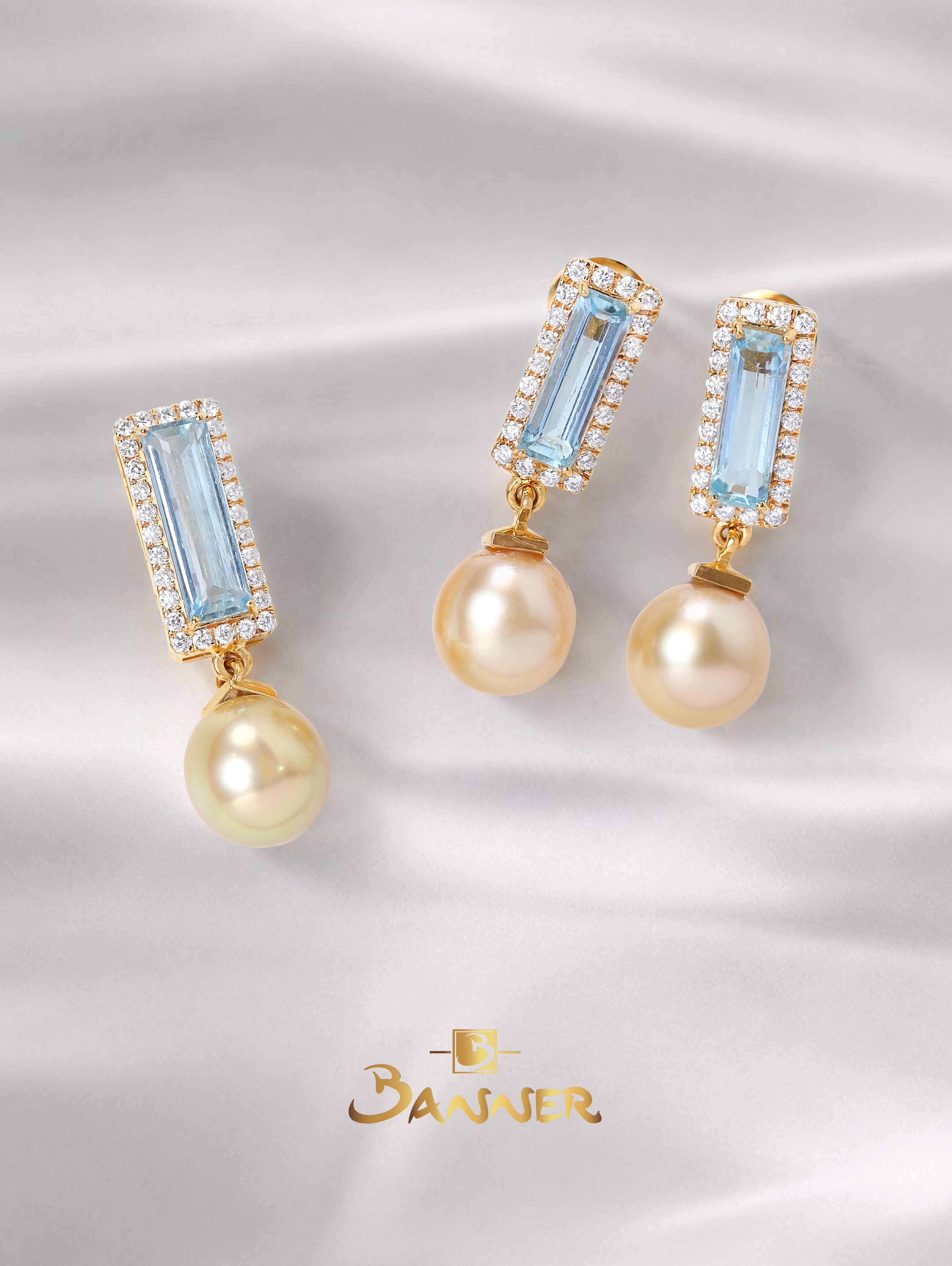 Aquamarine , Pearl and Diamond Halo Dangle Set