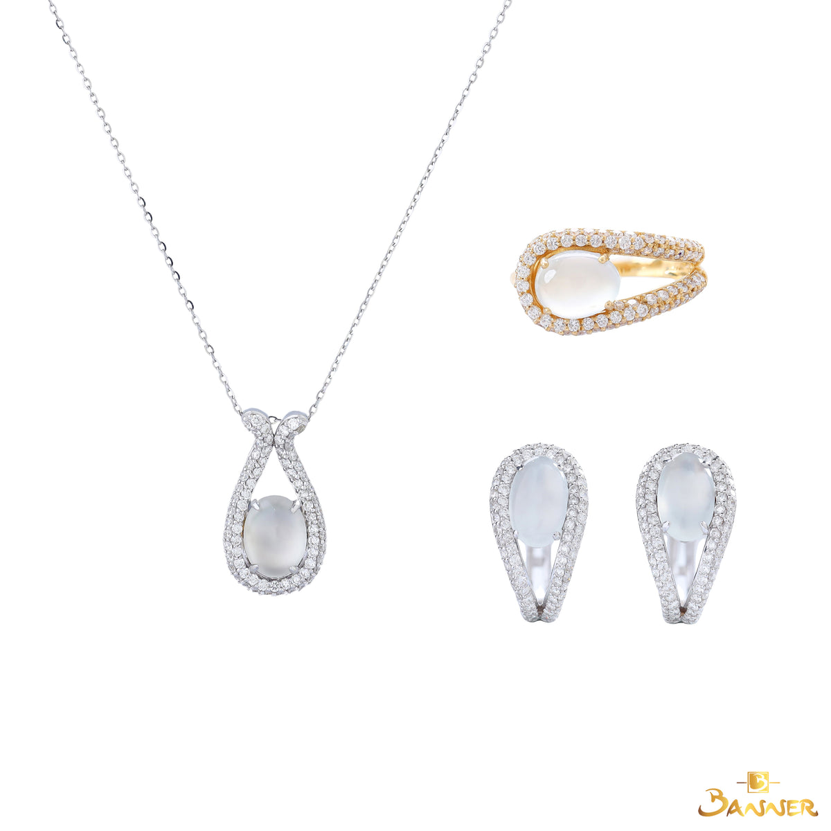 White Jade and Diamond Halo Drop Set