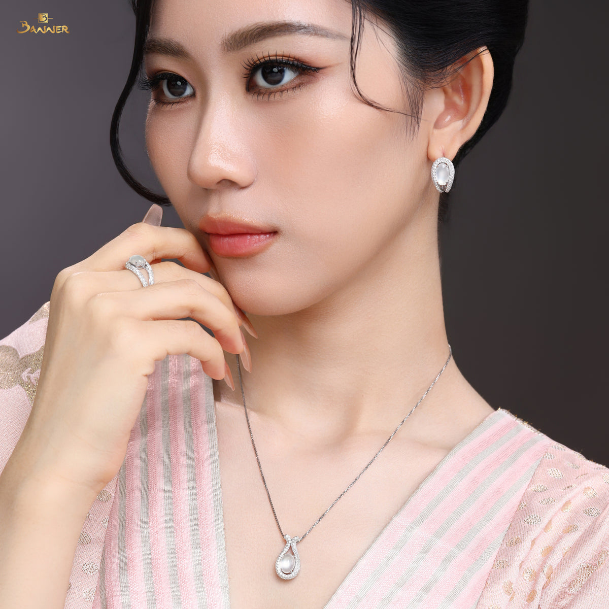 White Jade and Diamond Halo Drop Set