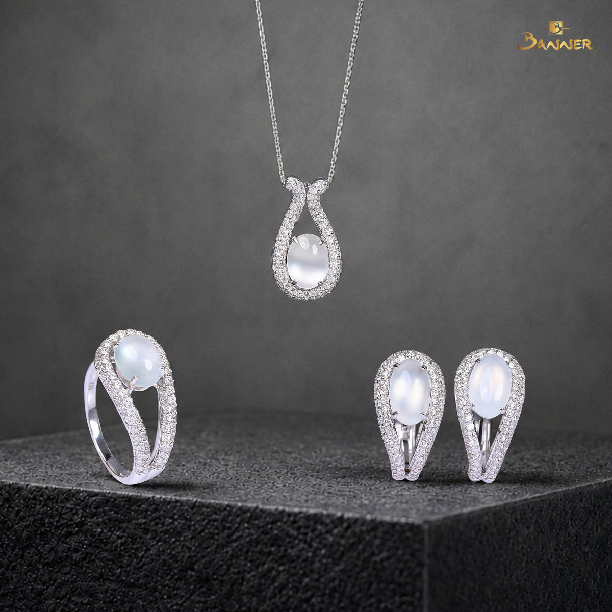 White Jade and Diamond Halo Drop Set