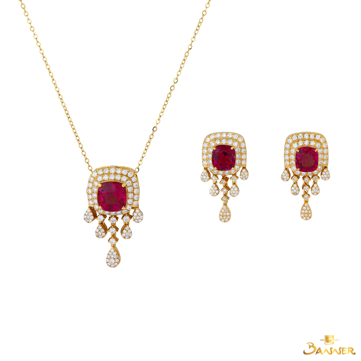 Tourmaline and Diamond Double Halo Dangle Set
