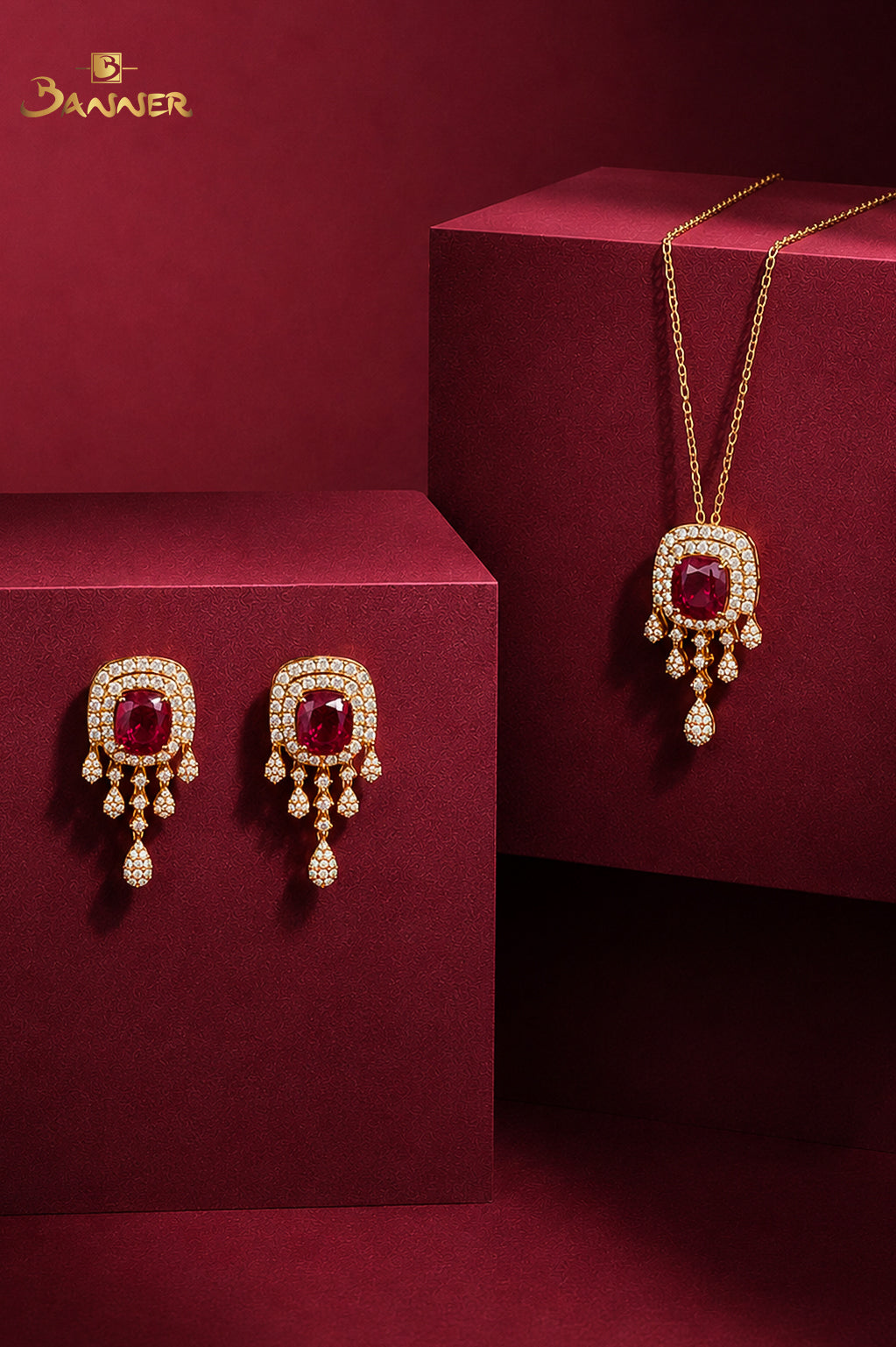 Tourmaline and Diamond Double Halo Dangle Set