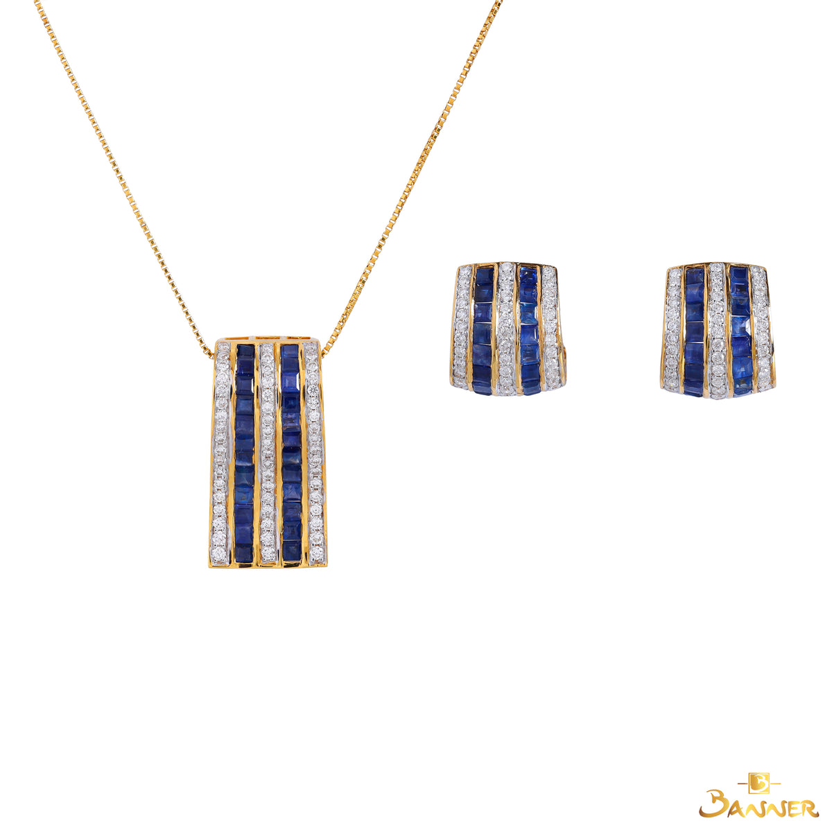 Emerald-cut Sapphire and Diamond Multi Rows Set