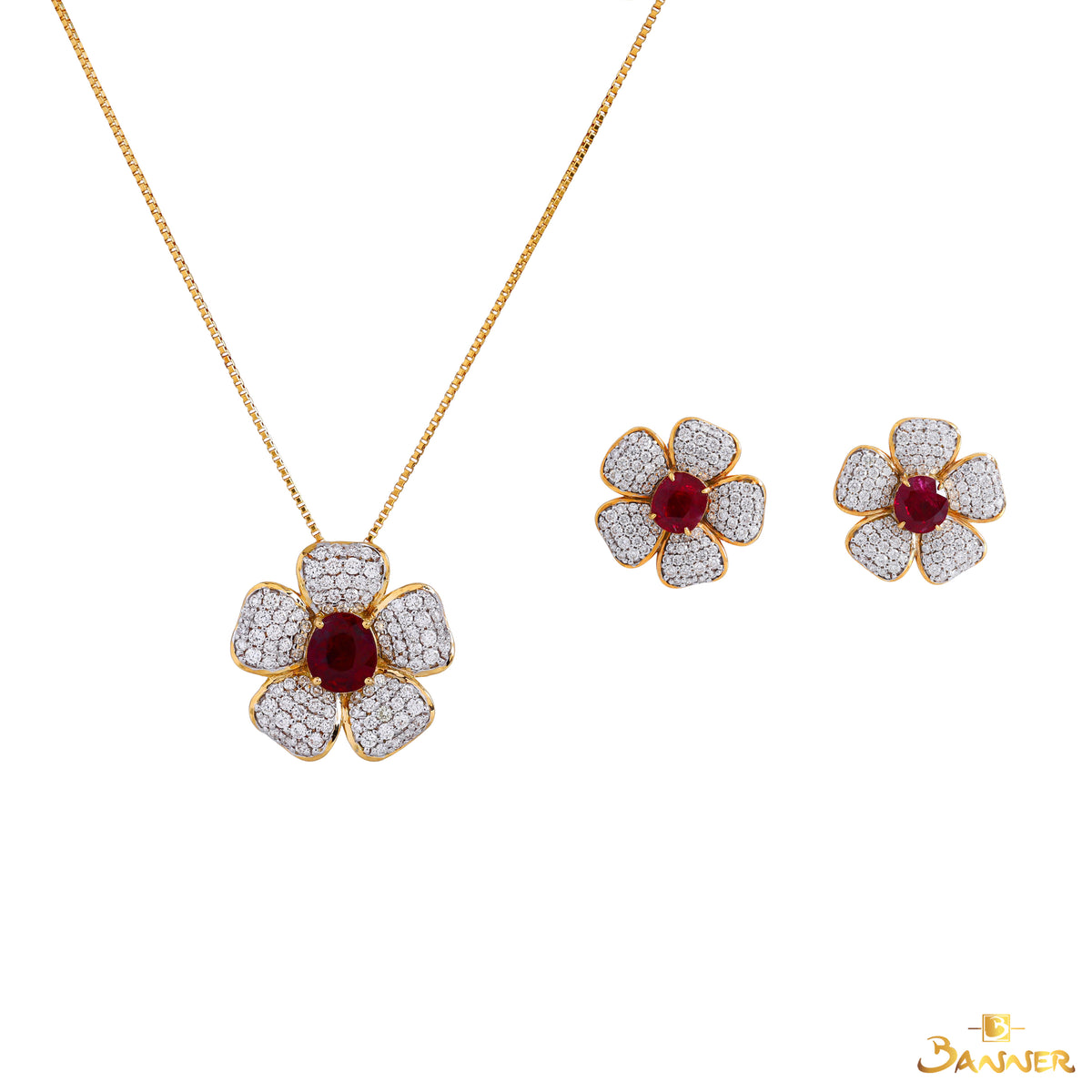 Natural Ruby and Diamond Plumeria Floral Set