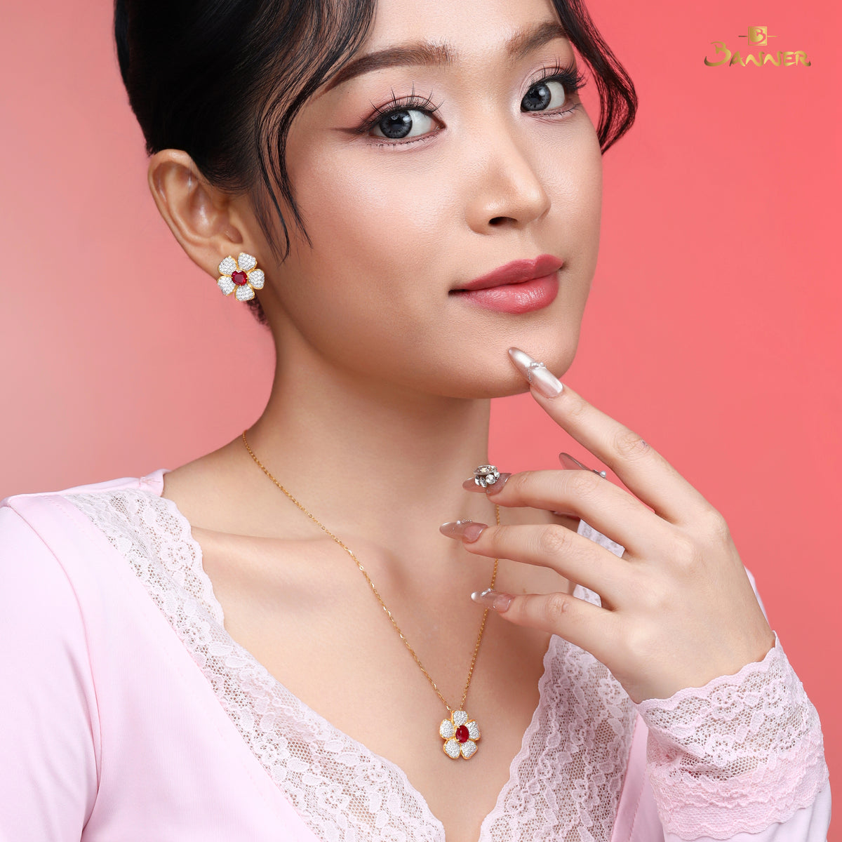 Natural Ruby and Diamond Plumeria Floral Set