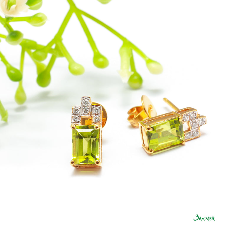 Emerald-cut Peridot and Diamond Earrings