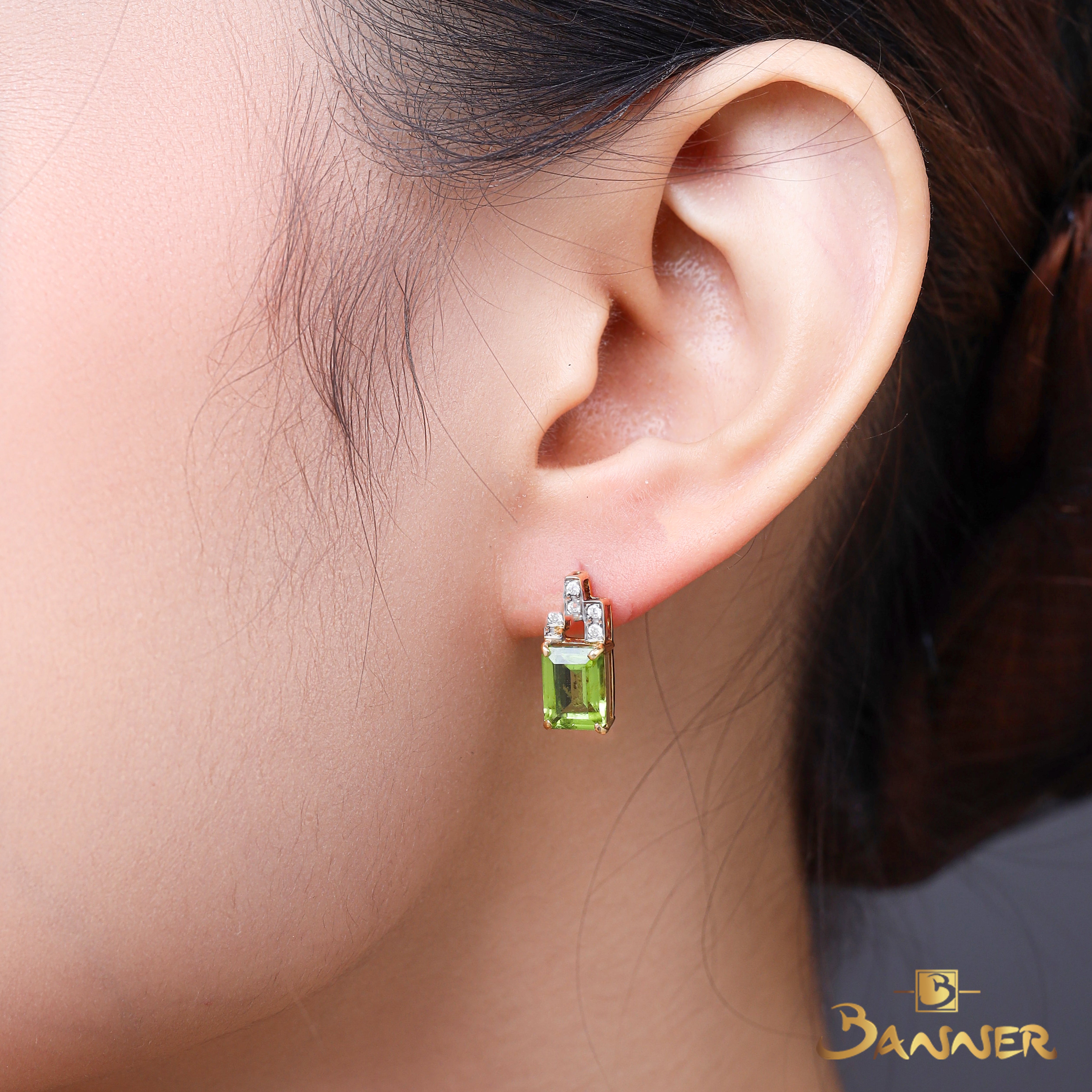Emerald-cut Peridot and Diamond Earrings