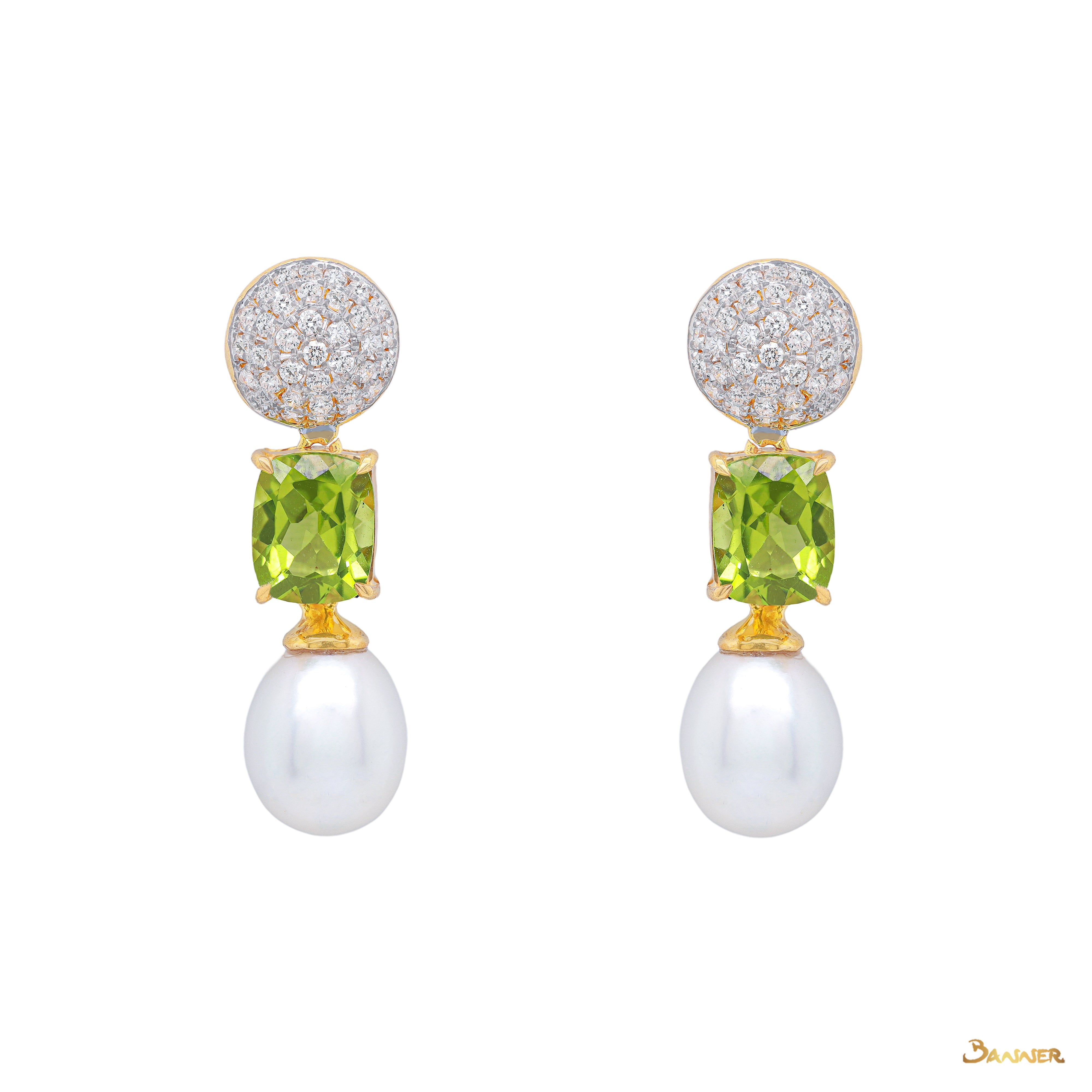 Peridot, Pearl and Diamond Dangle Earrings