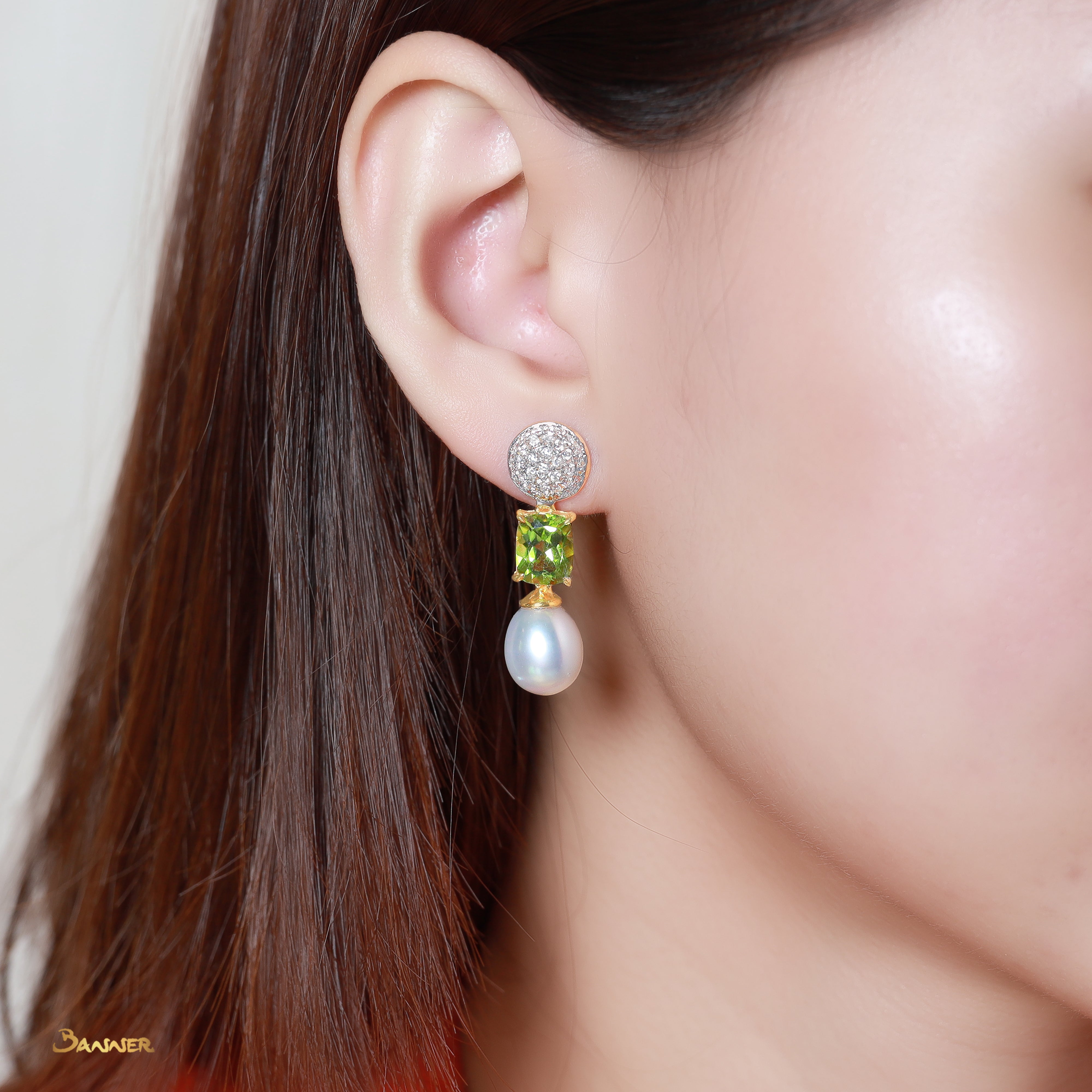 Peridot, Pearl and Diamond Dangle Earrings